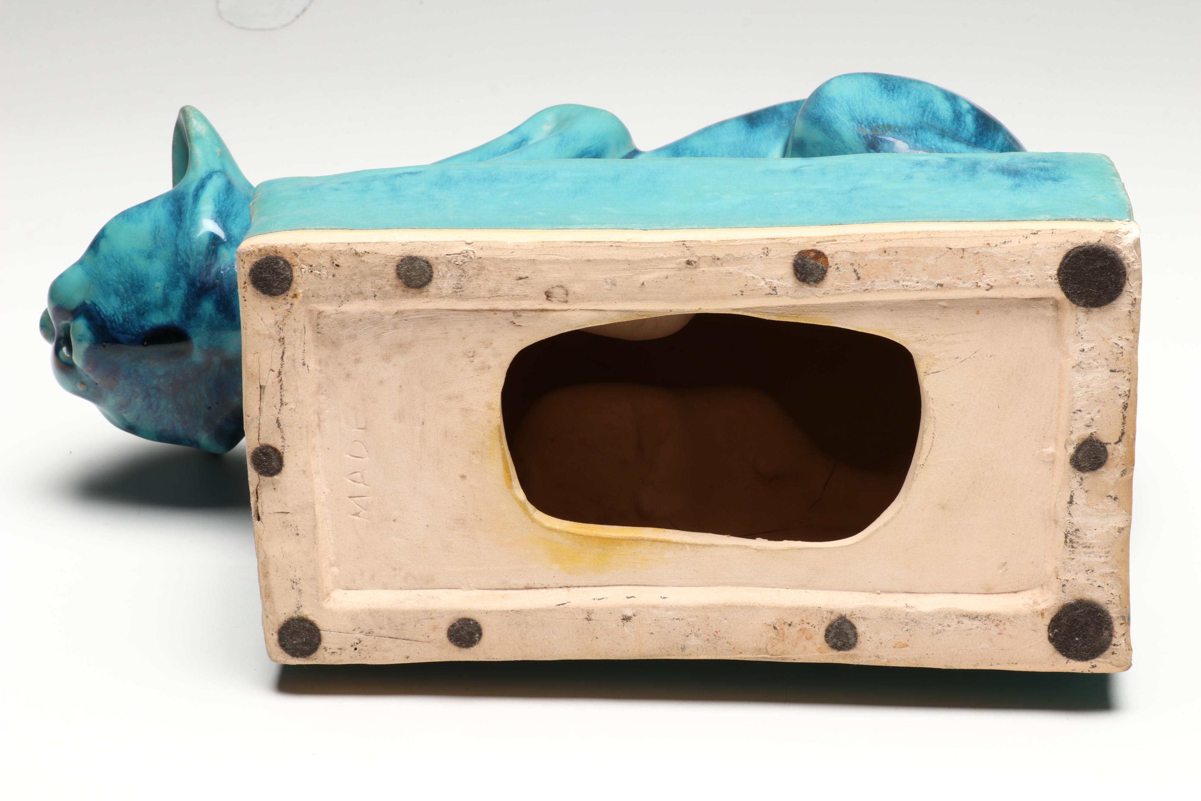 Blue Glazed Ceramic Crouching Cat Figurine