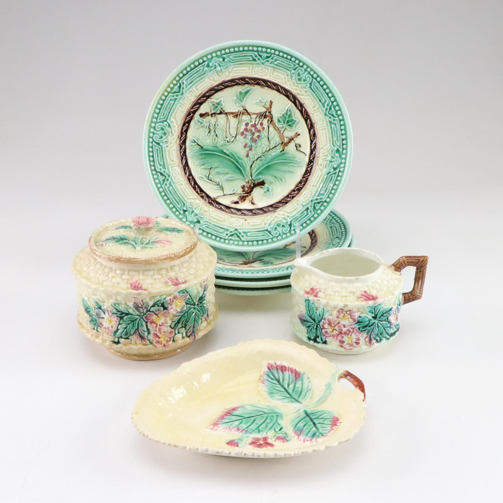 Basket Weave Majolica Creamer, Bowl & Other Dinnerware