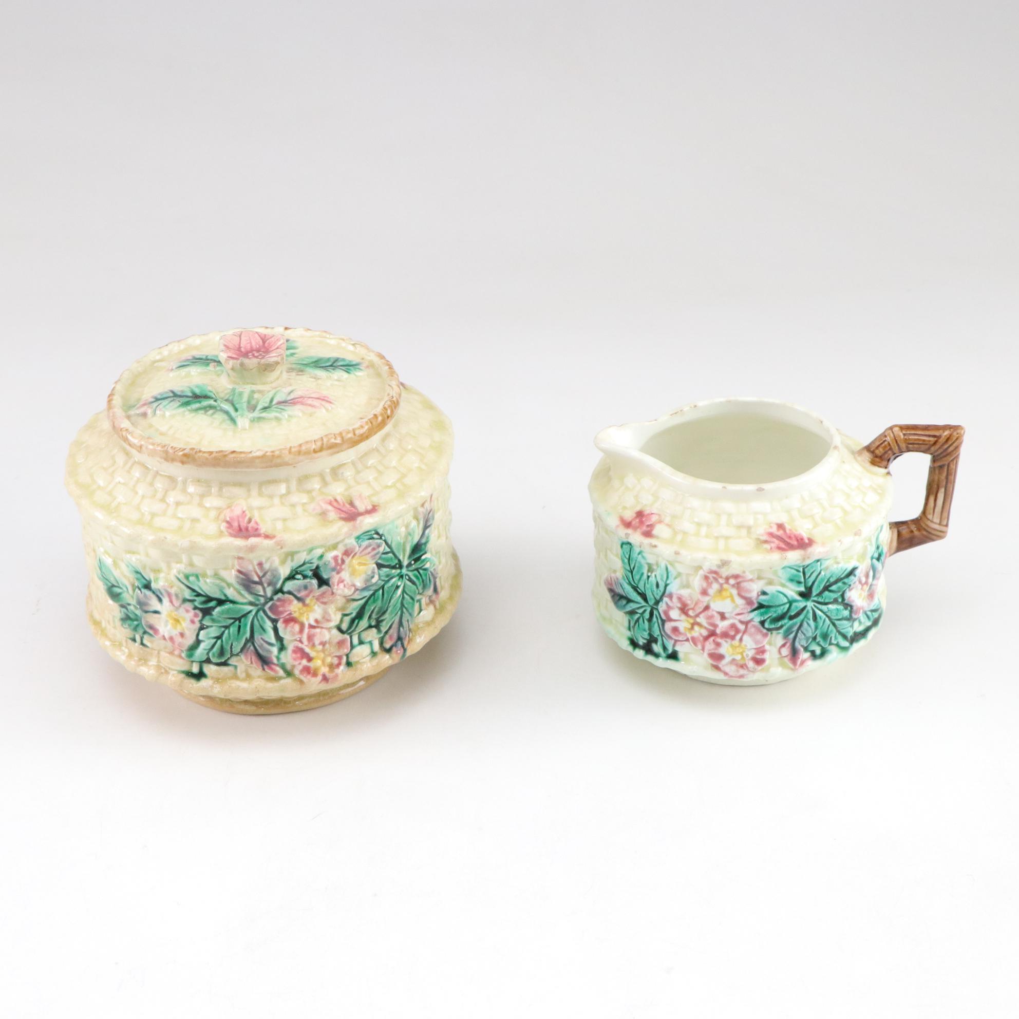 Basket Weave Majolica Creamer, Bowl & Other Dinnerware