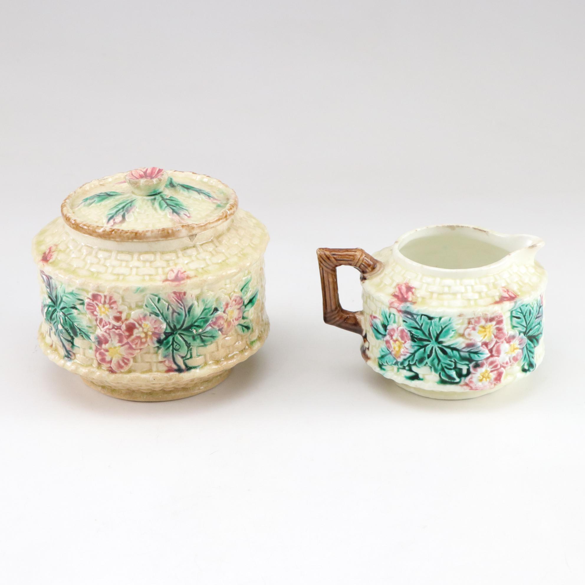 Basket Weave Majolica Creamer, Bowl & Other Dinnerware