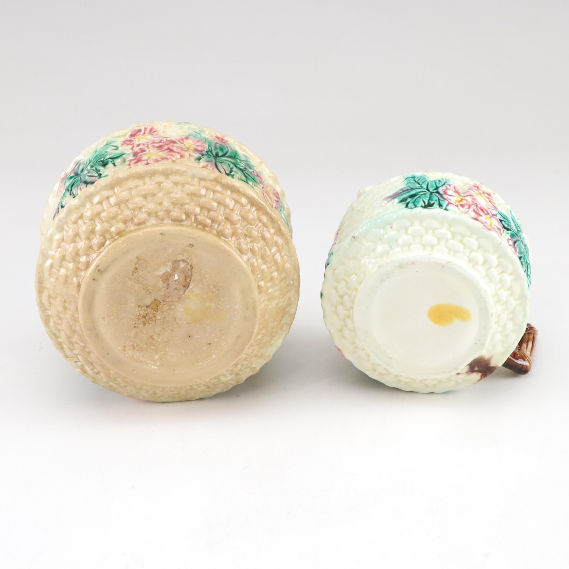 Basket Weave Majolica Creamer, Bowl & Other Dinnerware