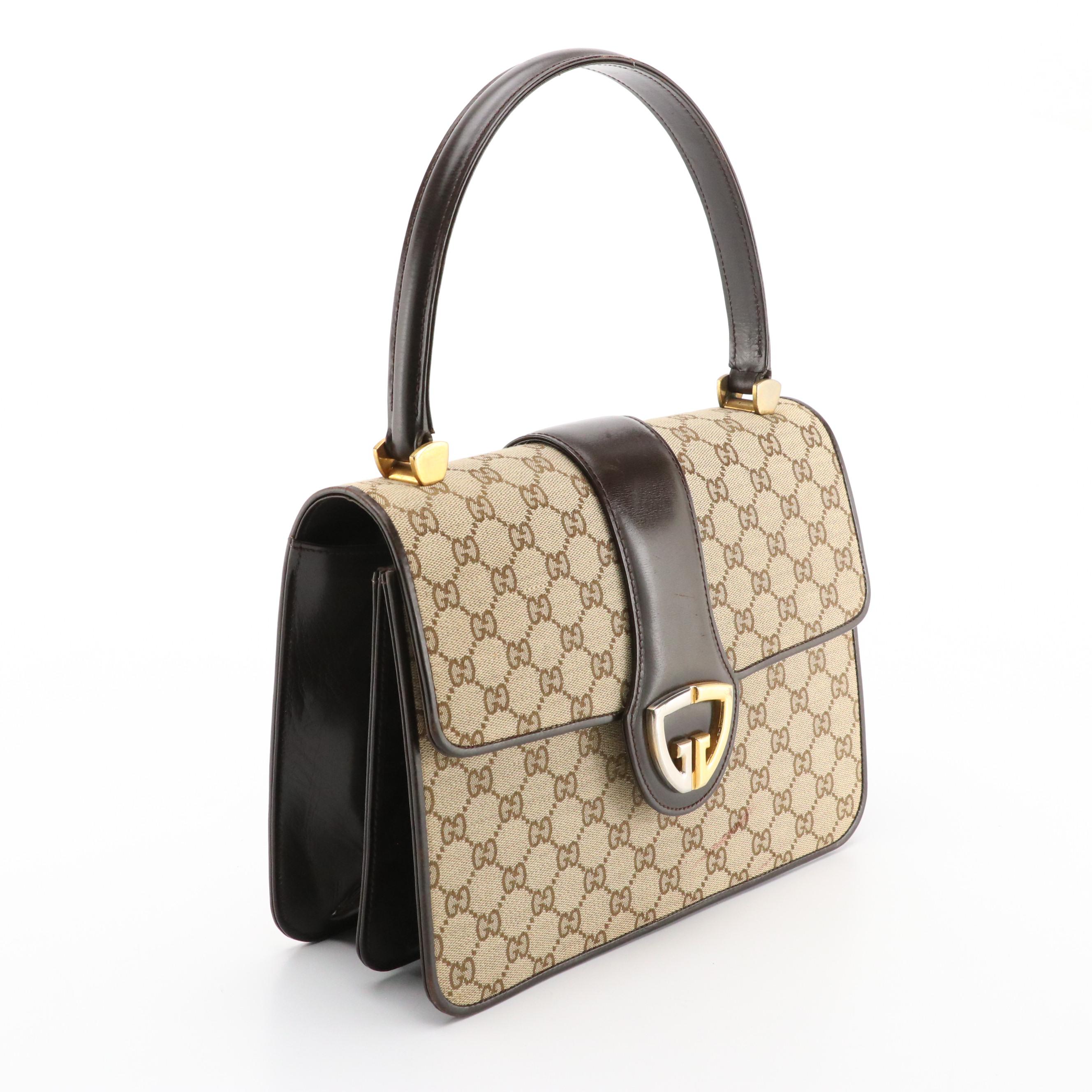 Gucci Front Flap Top Handle Bag in Beige GG Monogram Canvas and Brown Leather