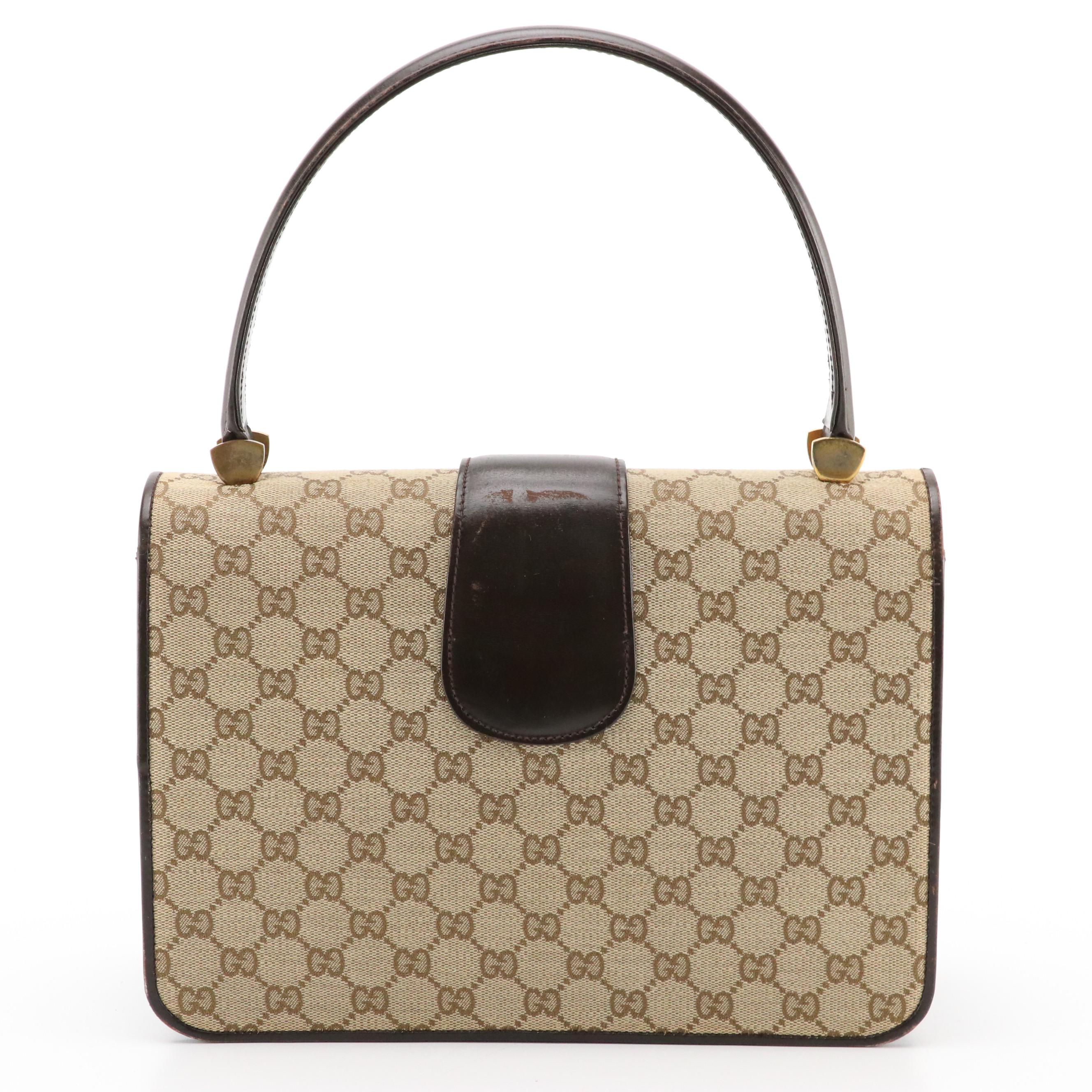 Gucci Front Flap Top Handle Bag in Beige GG Monogram Canvas and Brown Leather