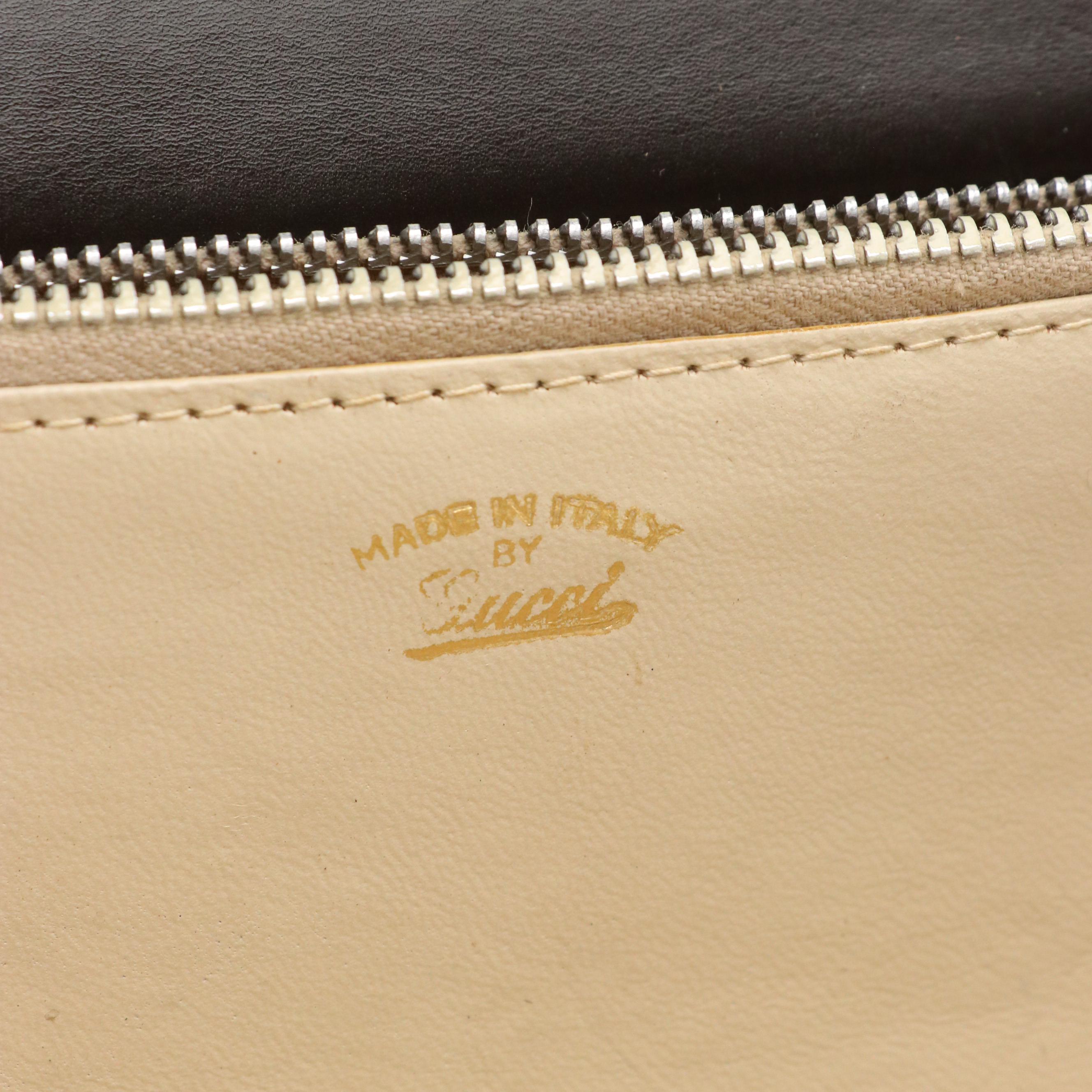 Gucci Front Flap Top Handle Bag in Beige GG Monogram Canvas and Brown Leather