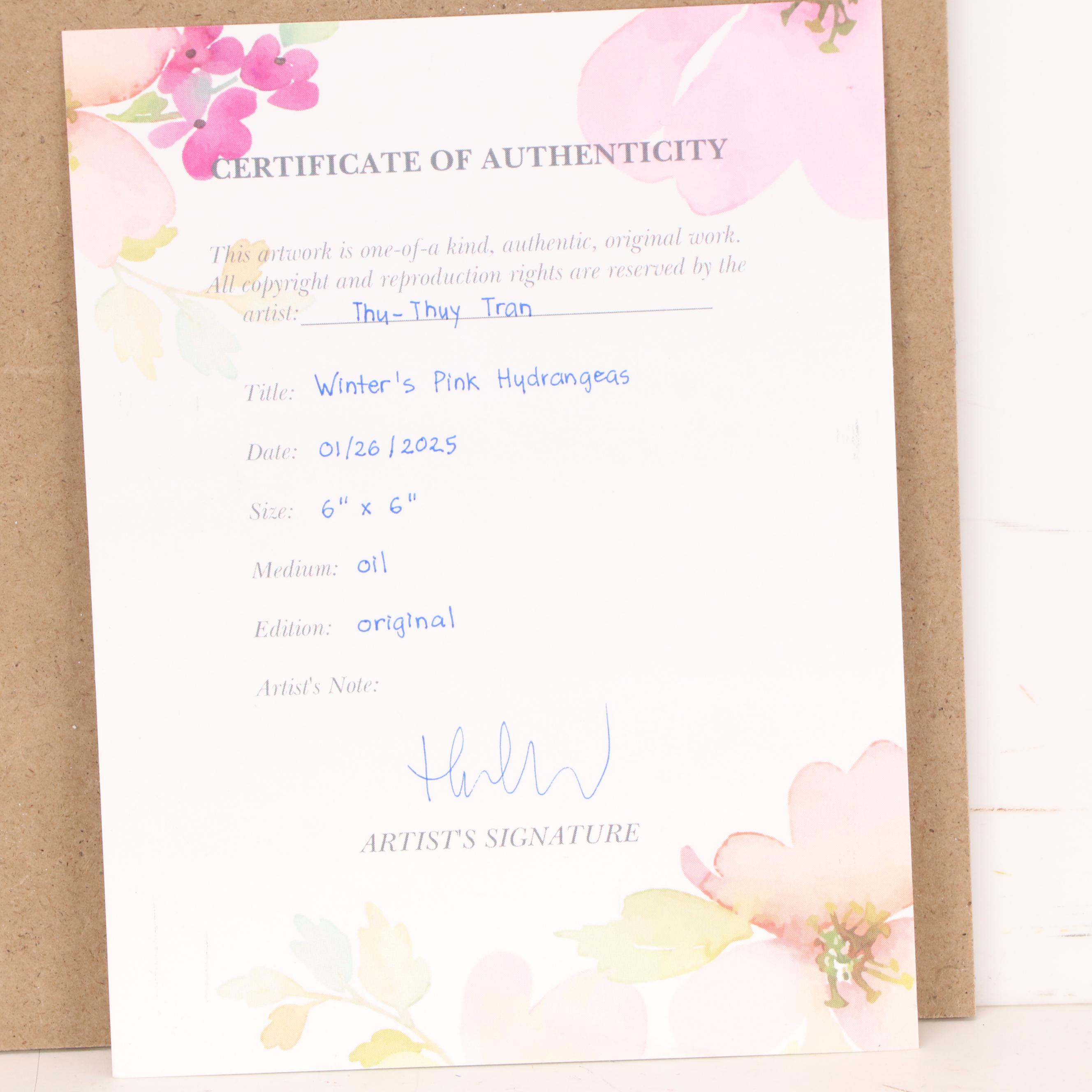 Thuthuy “T.T.” Tran Floral Still Life Oil Painting "Winter's Pink Hydrangeas"