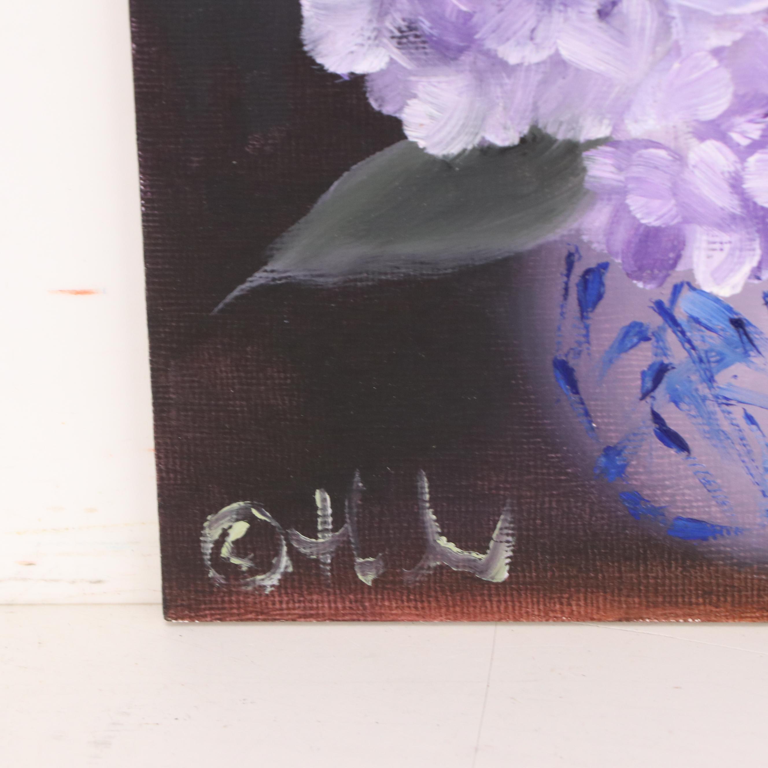 Thuthuy Tran Floral Still Life Oil Painting "Winter's Lavender Hydrangeas," 2025