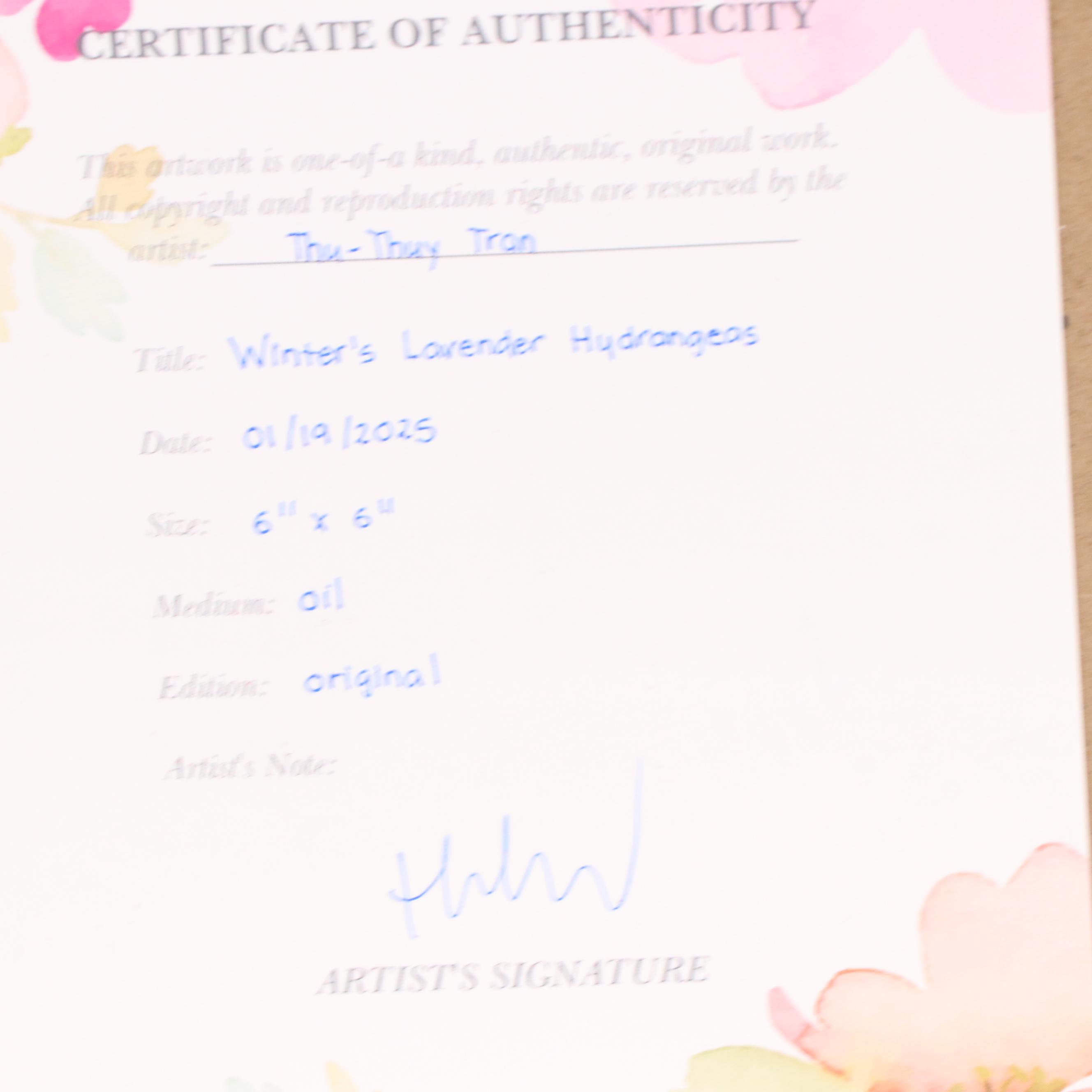 Thuthuy Tran Floral Still Life Oil Painting "Winter's Lavender Hydrangeas," 2025