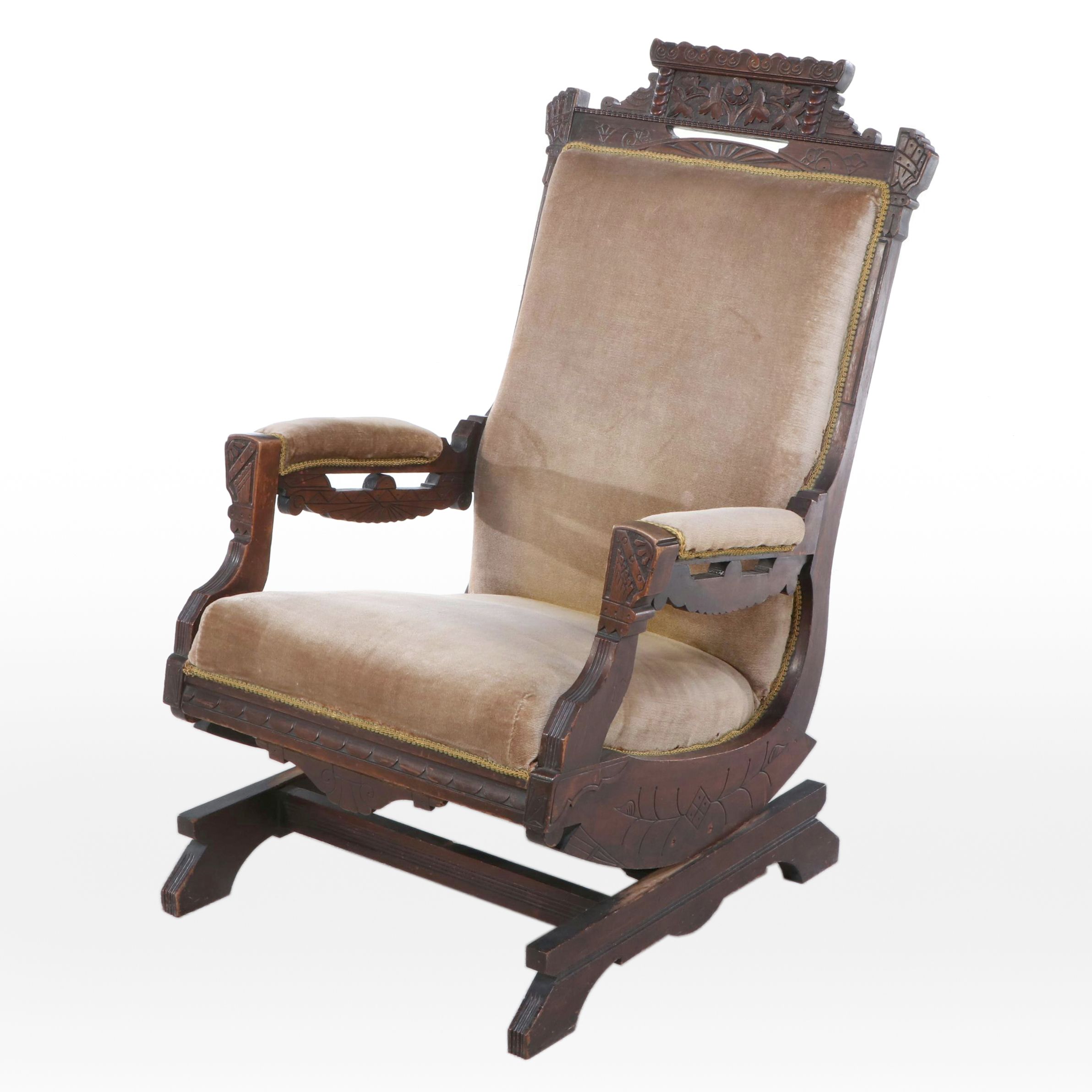 Eastlake Style Carved Walnut and Velvet Upholstered Spring Rocking Chair