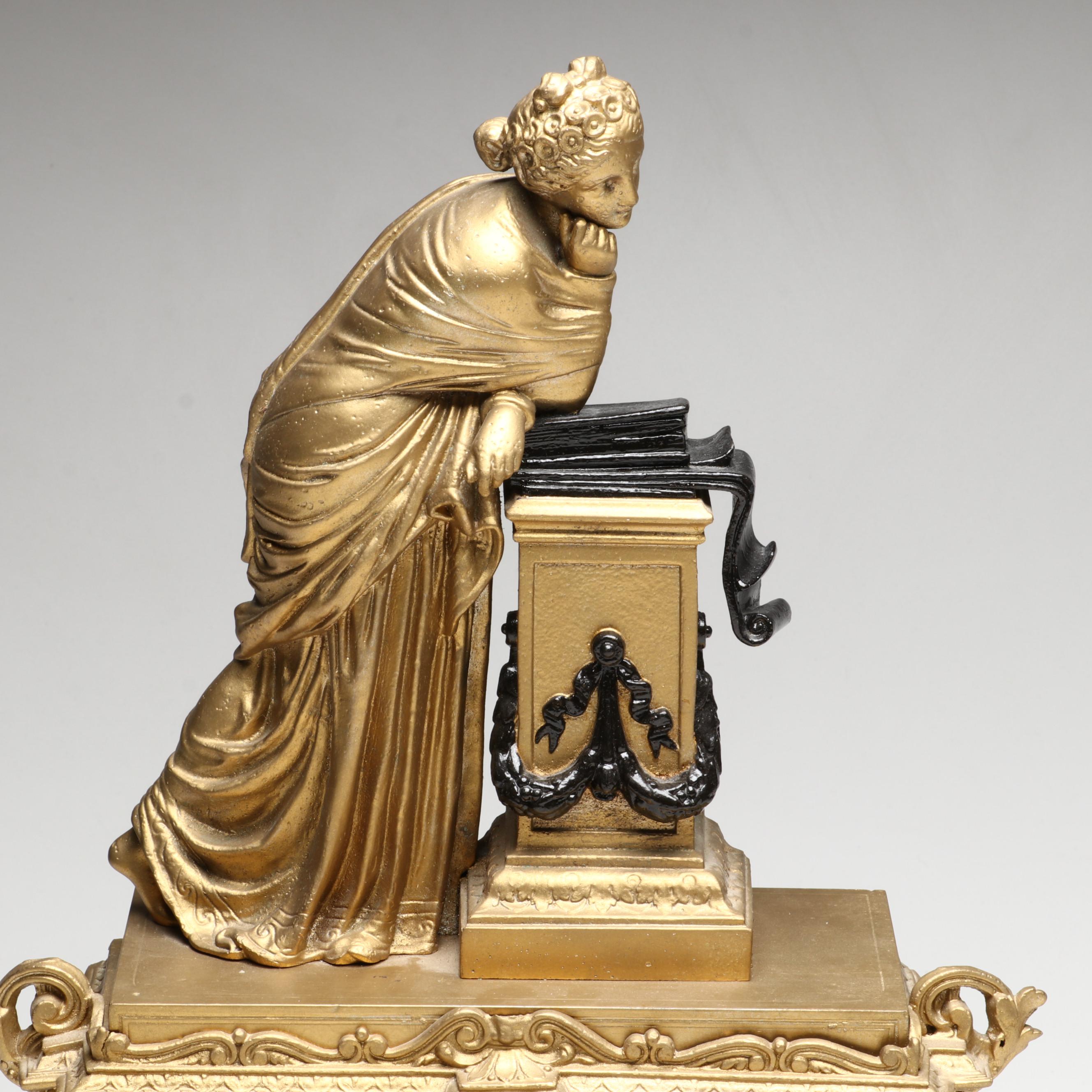 Brunfaut French Empire Style Gilt and Ebonized Metal Figural Mantel Clock