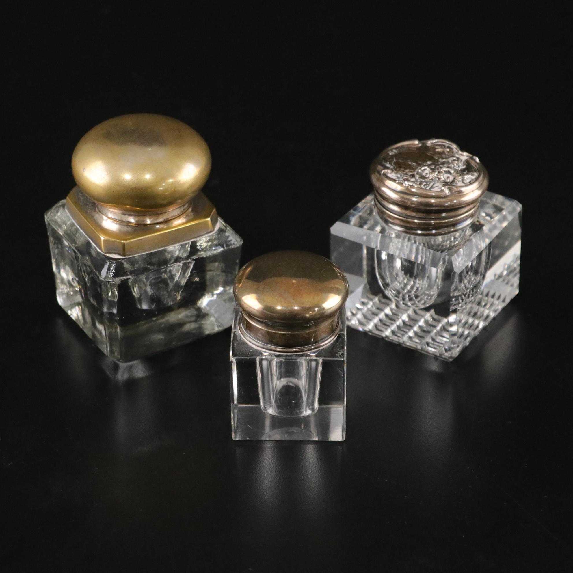 Art Nouveau and Other Glass and Crystal Ink Wells, Early to Mid-20th Century