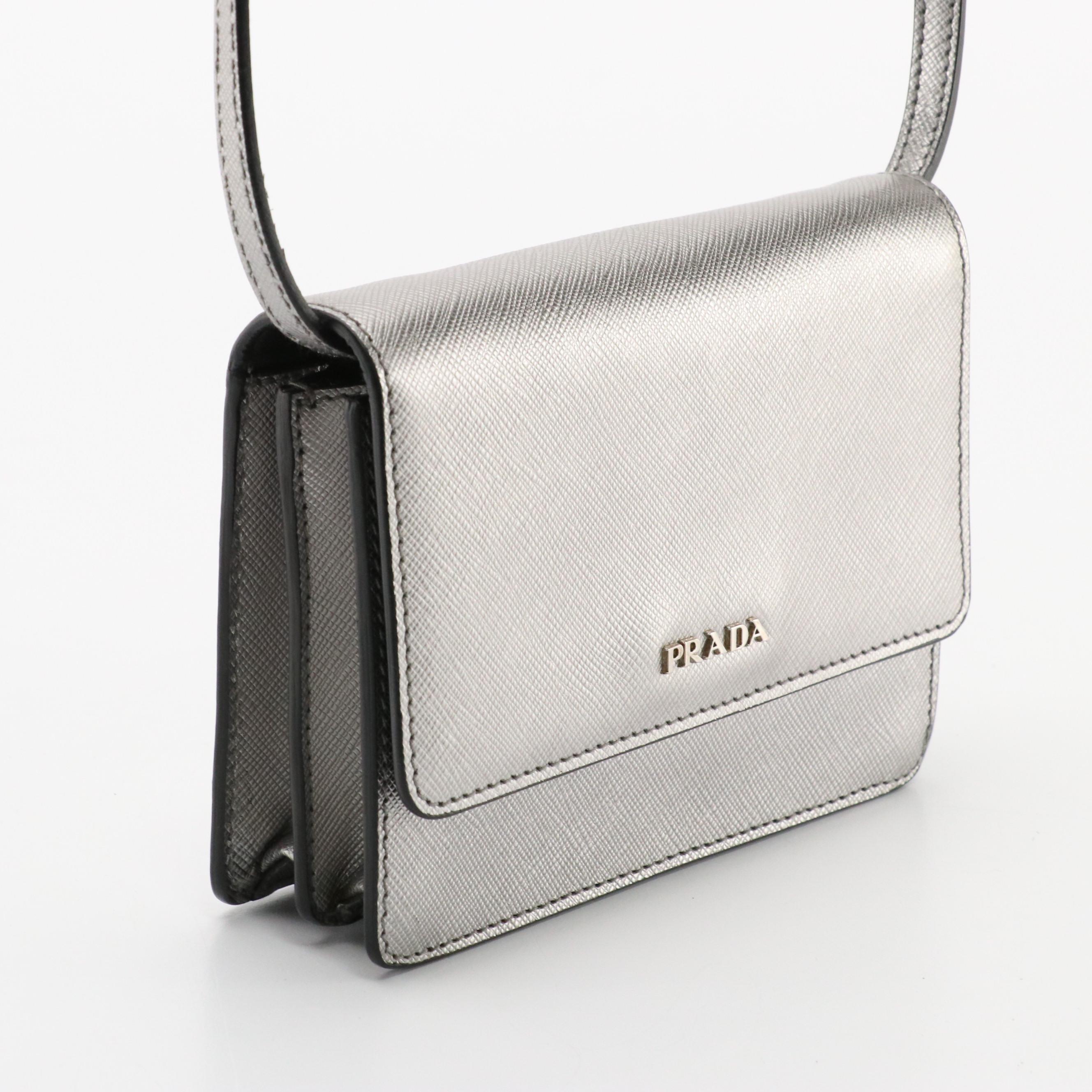 Prada Small Crossbody Bag in Cromo Saffiano Lux Leather