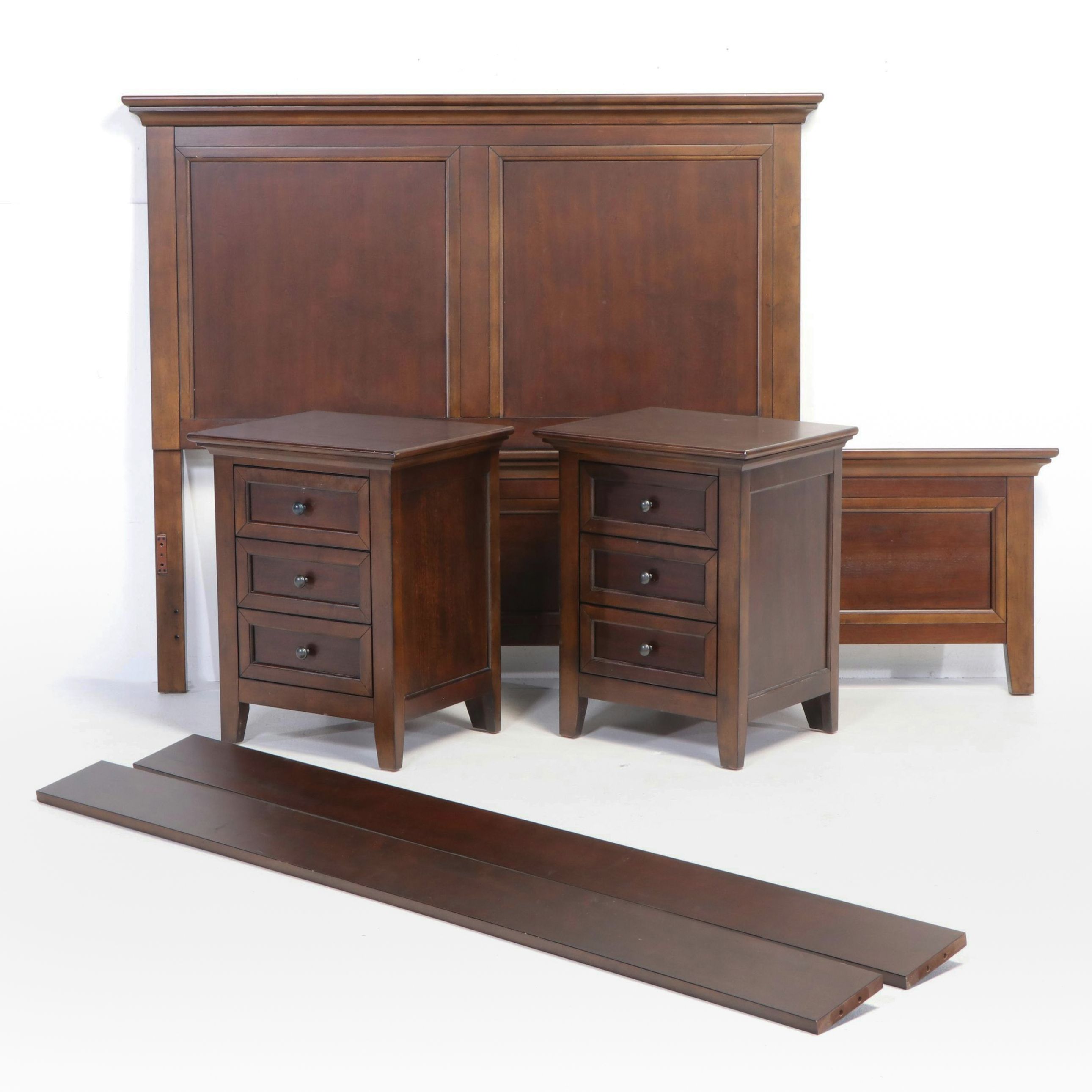 Shaker Style Walnut Finish Panel Queen Bed Frame and Nightstands