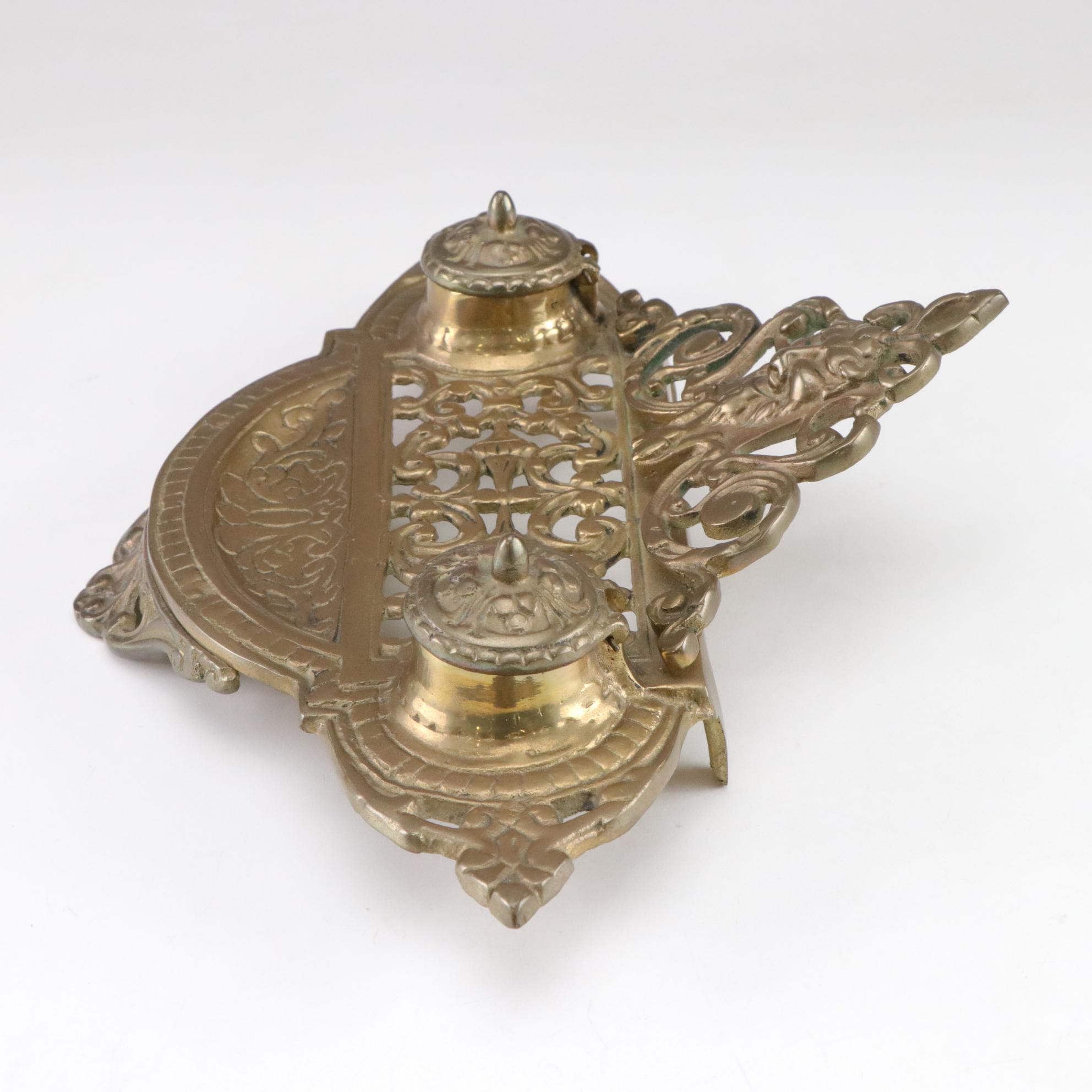 Victorian Style Brass Double Inkwell, Late 20th Century