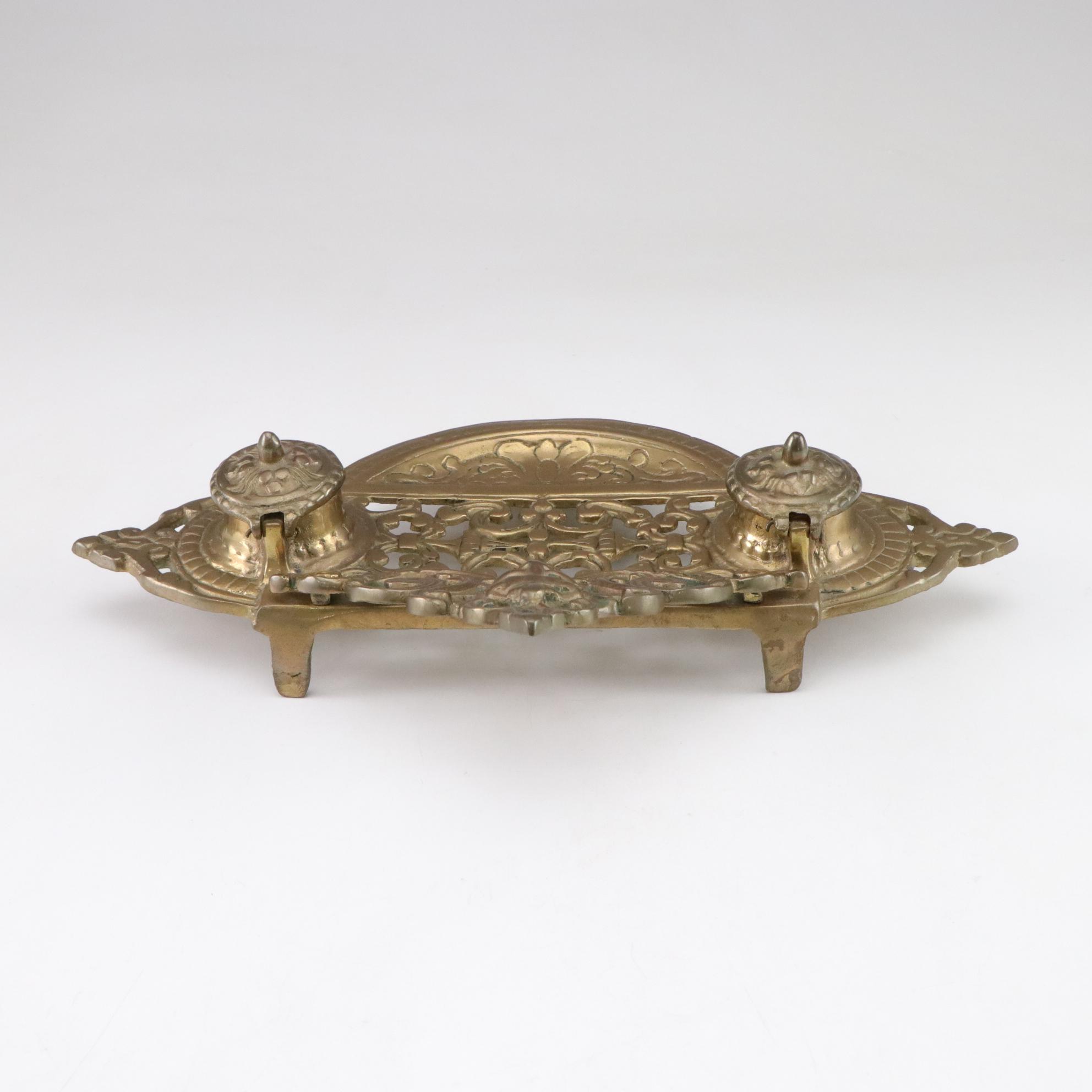 Victorian Style Brass Double Inkwell, Late 20th Century
