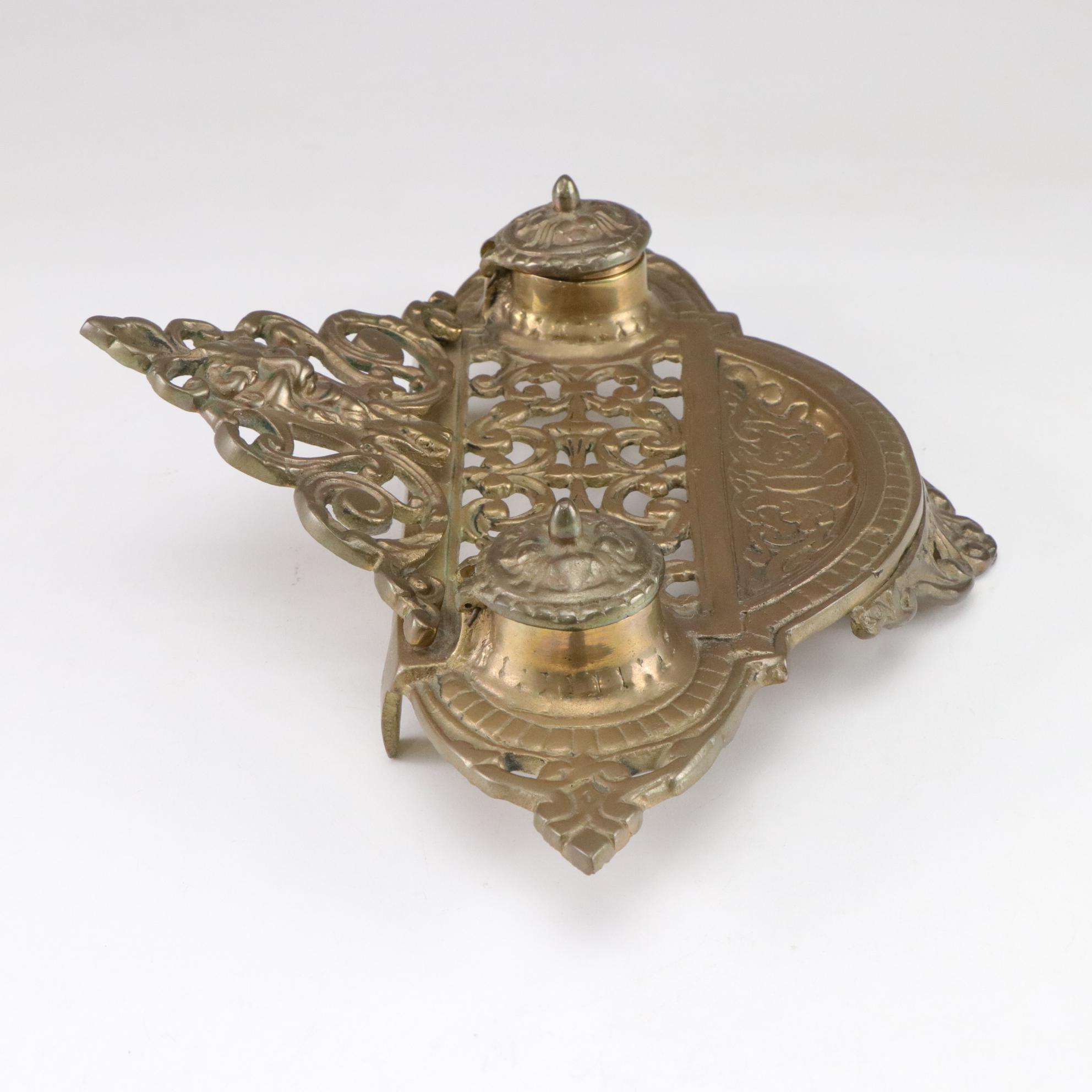 Victorian Style Brass Double Inkwell, Late 20th Century