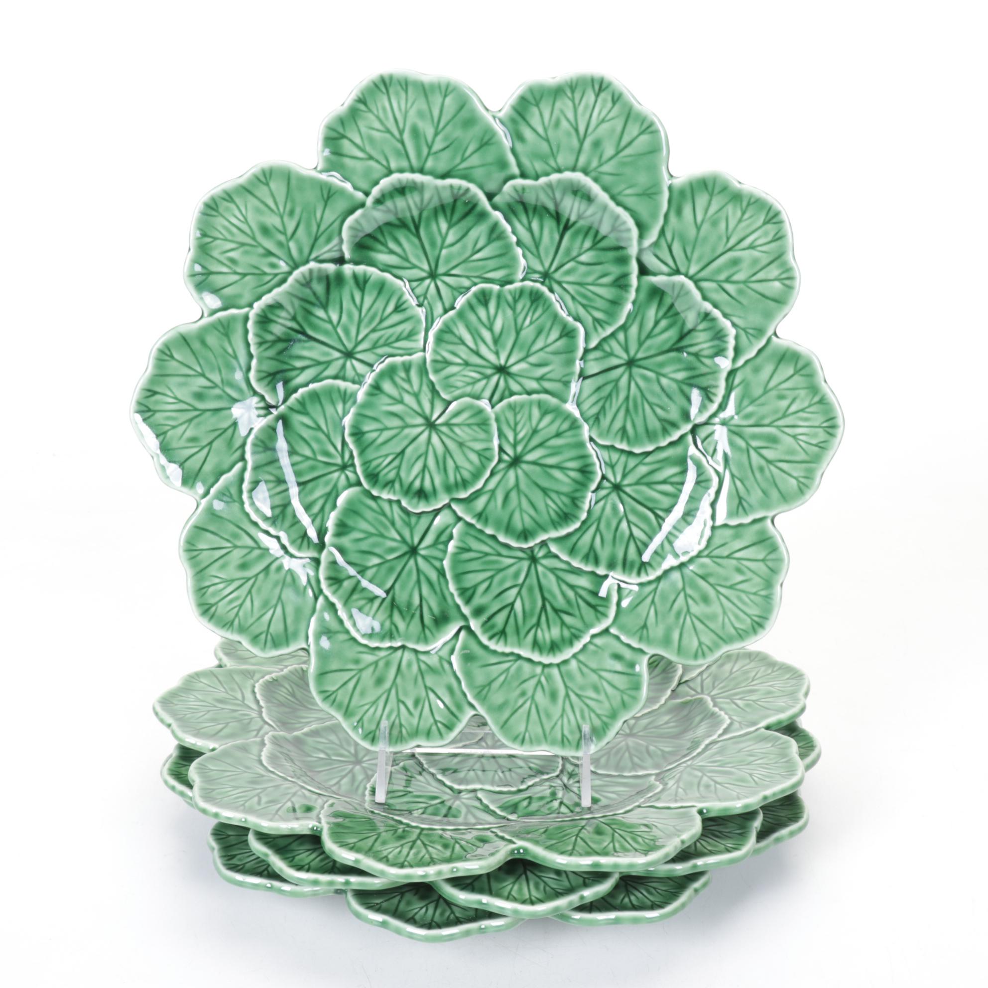 Bordallo Pinheiro "Geranium Green" Majolica Style Set of Four Dinner Plates