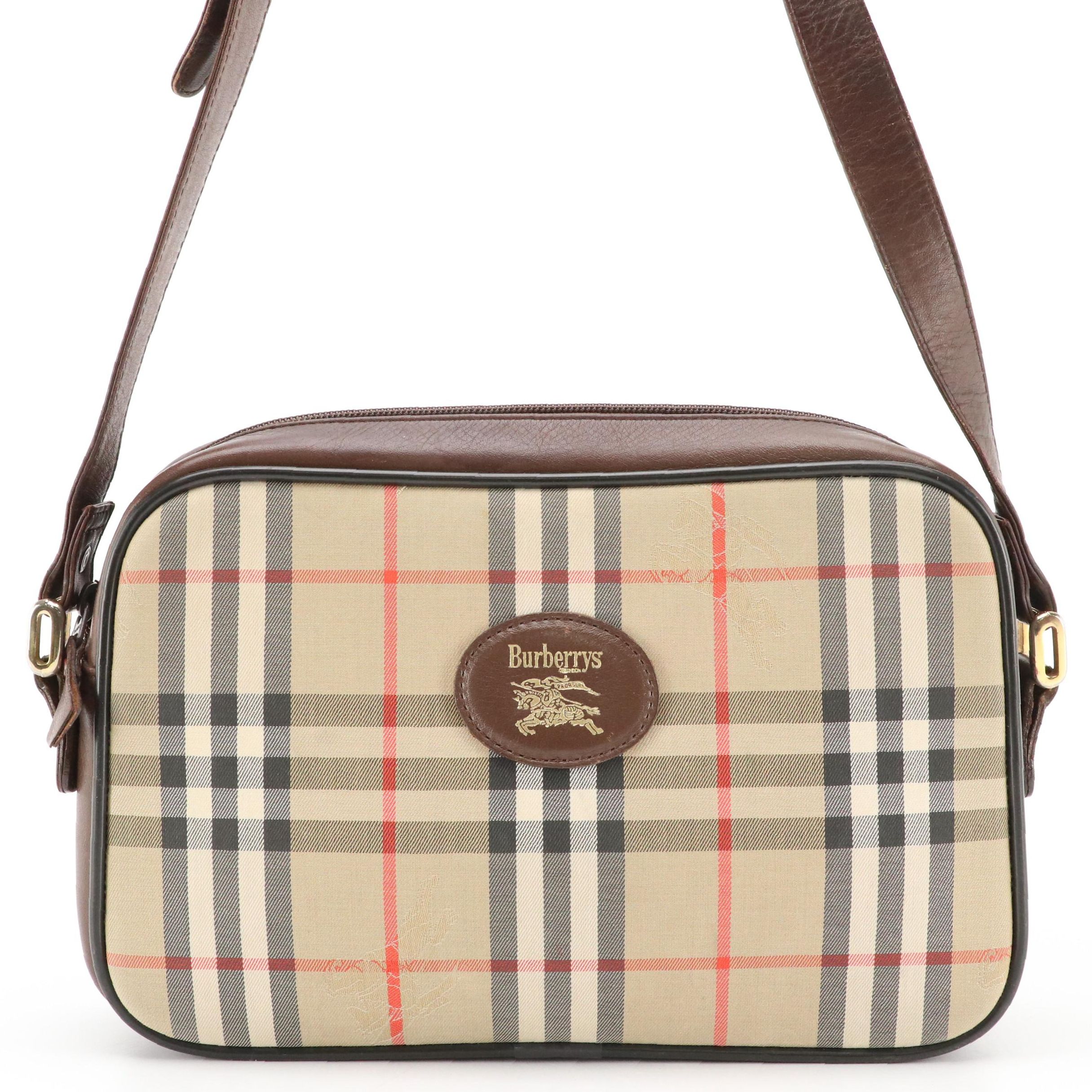 Burberrys Leather-Trimmed Haymarket Check Canvas Shoulder Bag