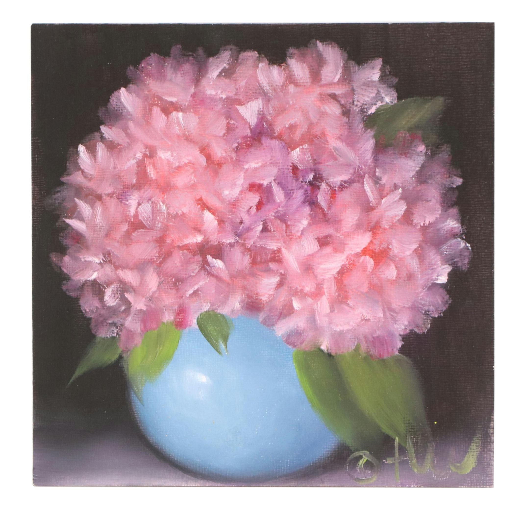 Thuthuy “T.T.” Tran Floral Still Life Oil Painting "Winter's Pink Hydrangeas"