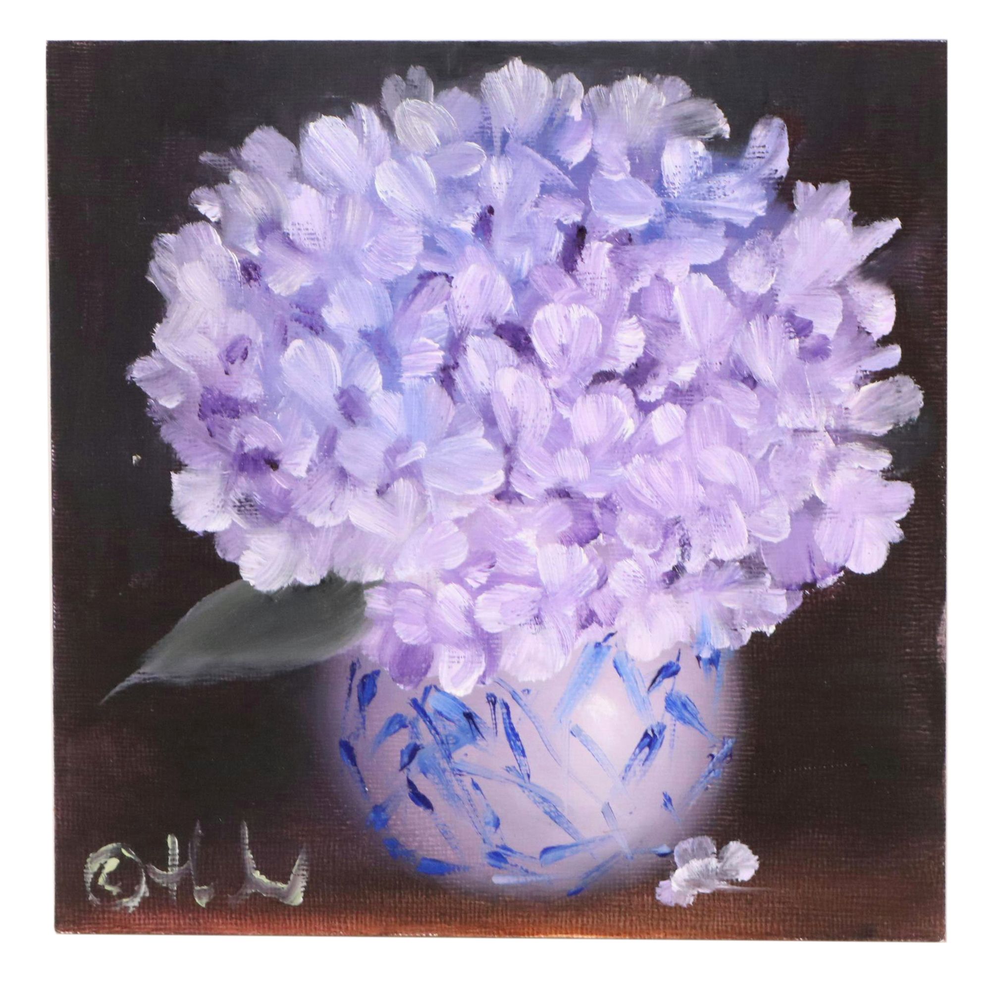 Thuthuy Tran Floral Still Life Oil Painting "Winter's Lavender Hydrangeas," 2025