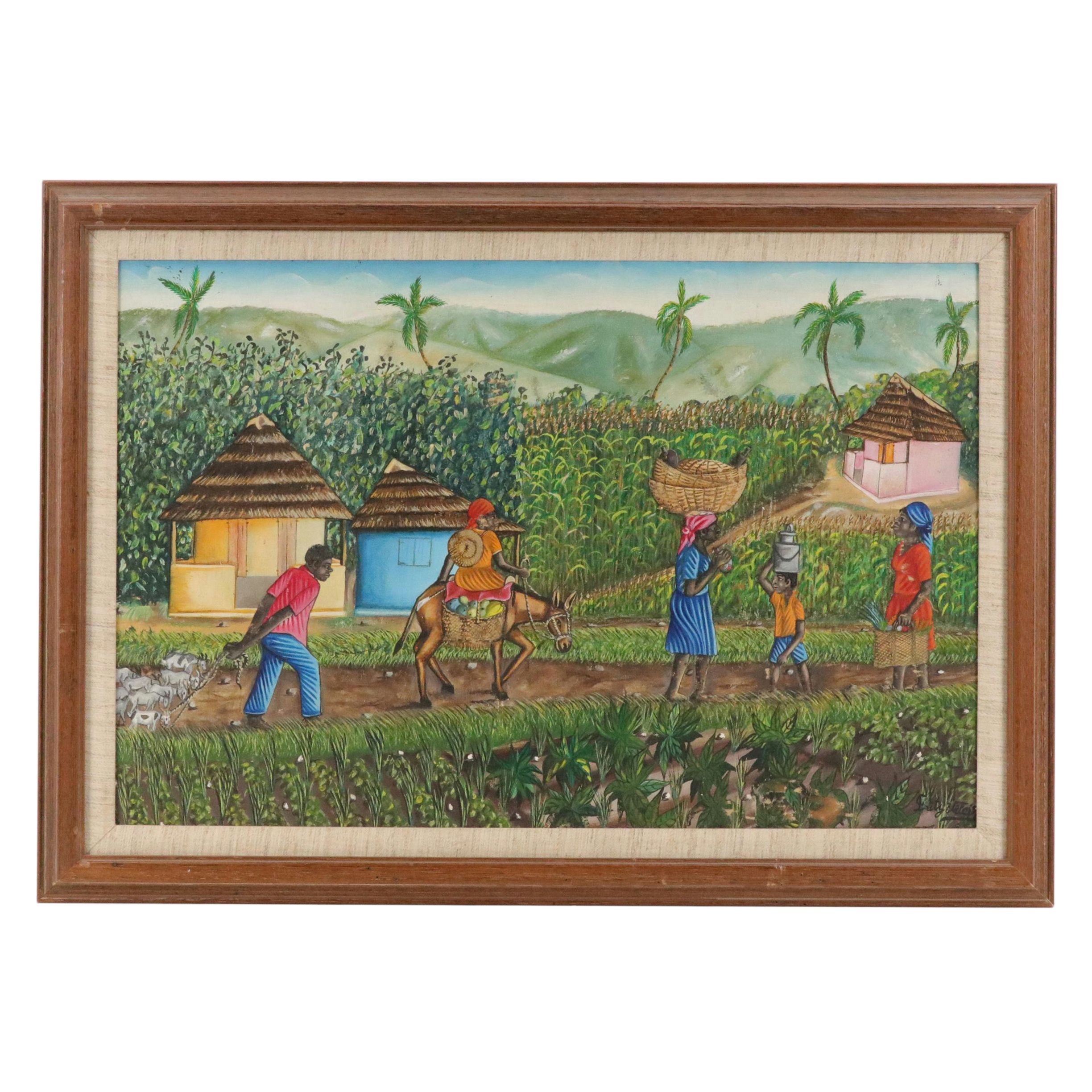 Haitian Genre Scene Acrylic Painting, Mid to Late 20th Century