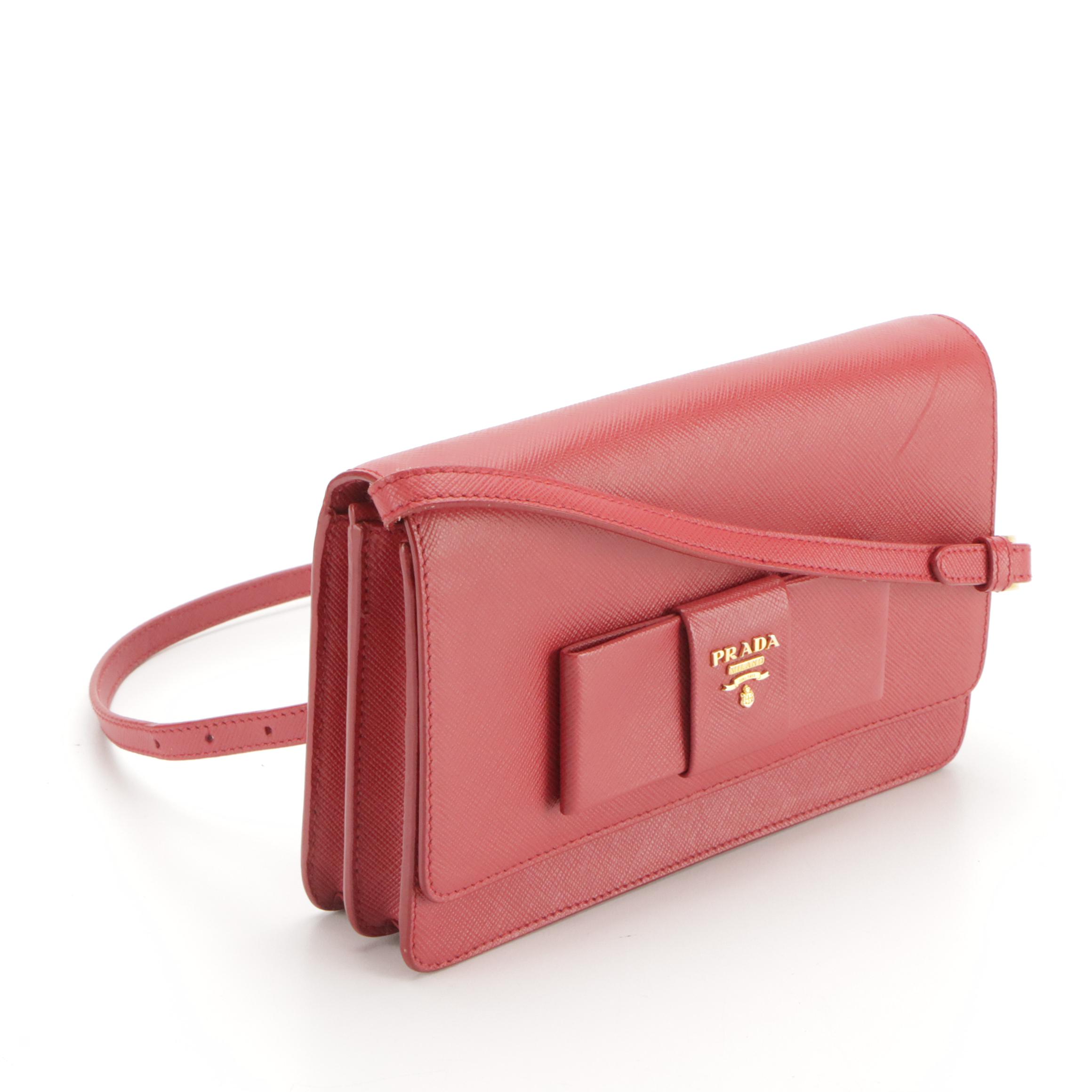 Prada Bow Flap Crossbody Clutch Bag in Rouge Saffiano Leather