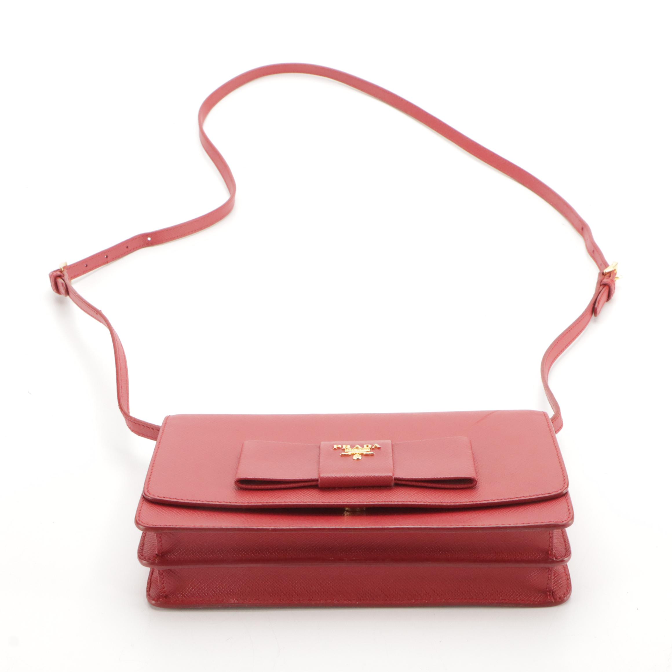 Prada Bow Flap Crossbody Clutch Bag in Rouge Saffiano Leather