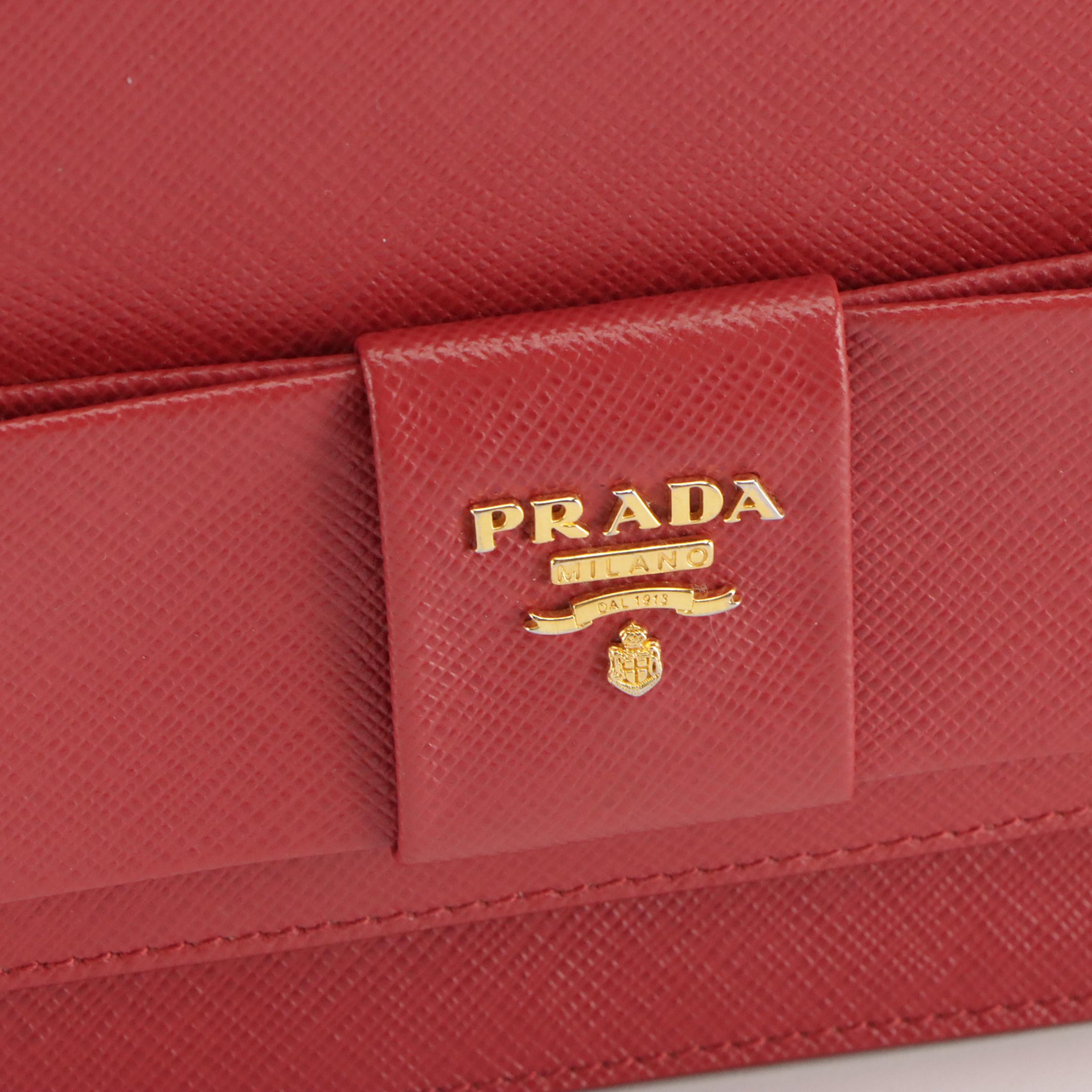 Prada Bow Flap Crossbody Clutch Bag in Rouge Saffiano Leather