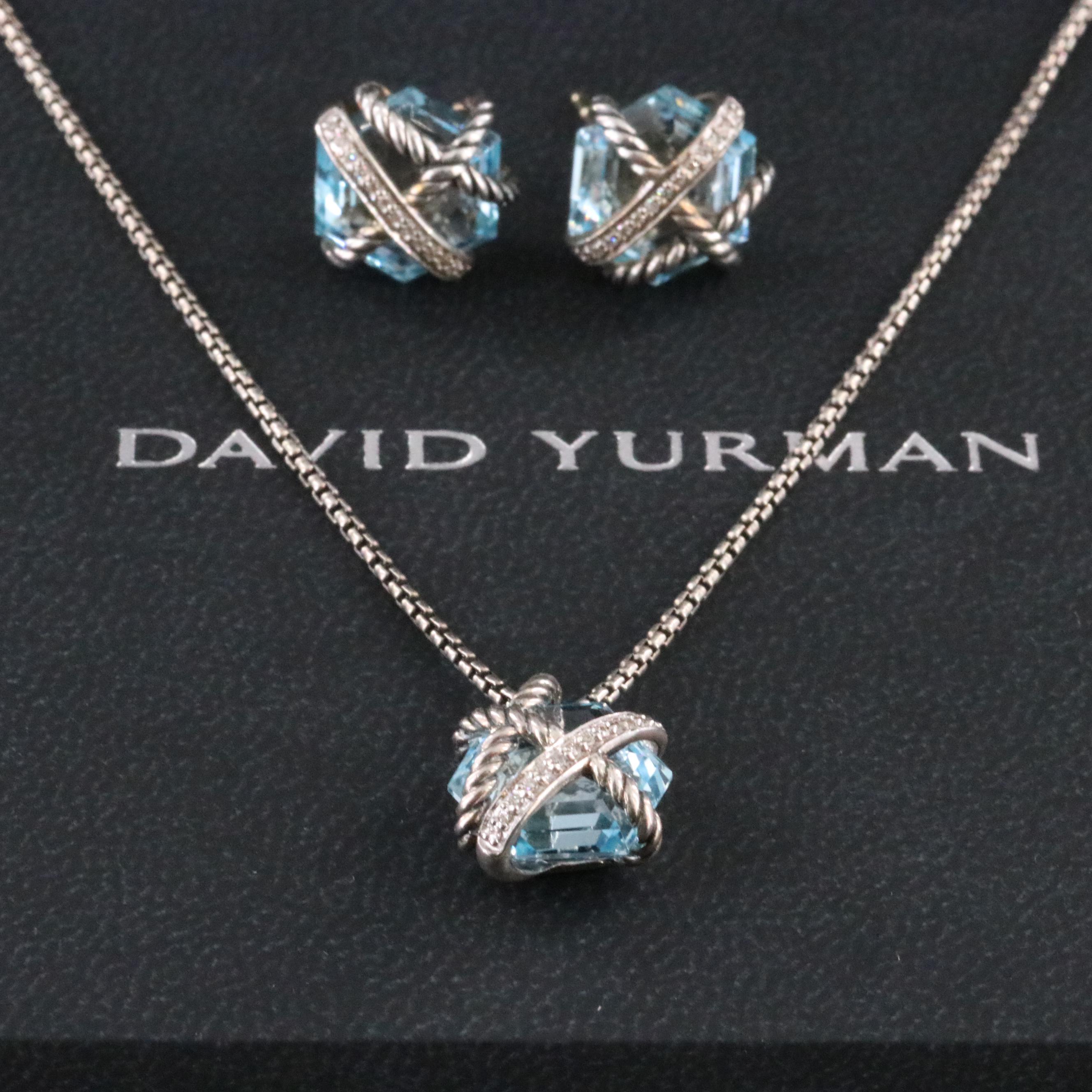 David Yurman Wrap Sterling Blue Topaz and Diamond Necklace and Earrings