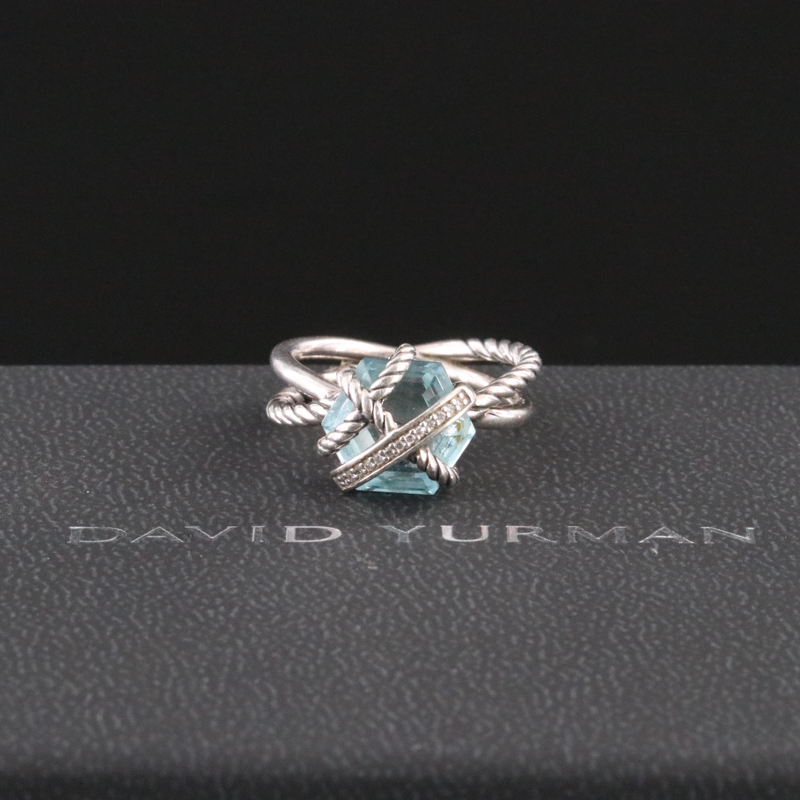 David Yurman Wrap Sterling Blue Topaz and Diamond Ring