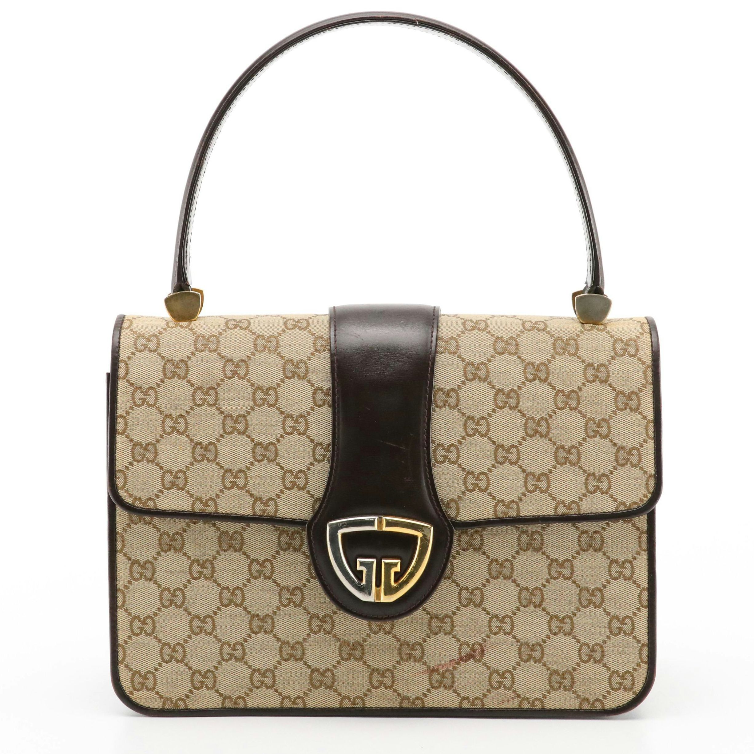 Gucci Front Flap Top Handle Bag in Beige GG Monogram Canvas and Brown Leather