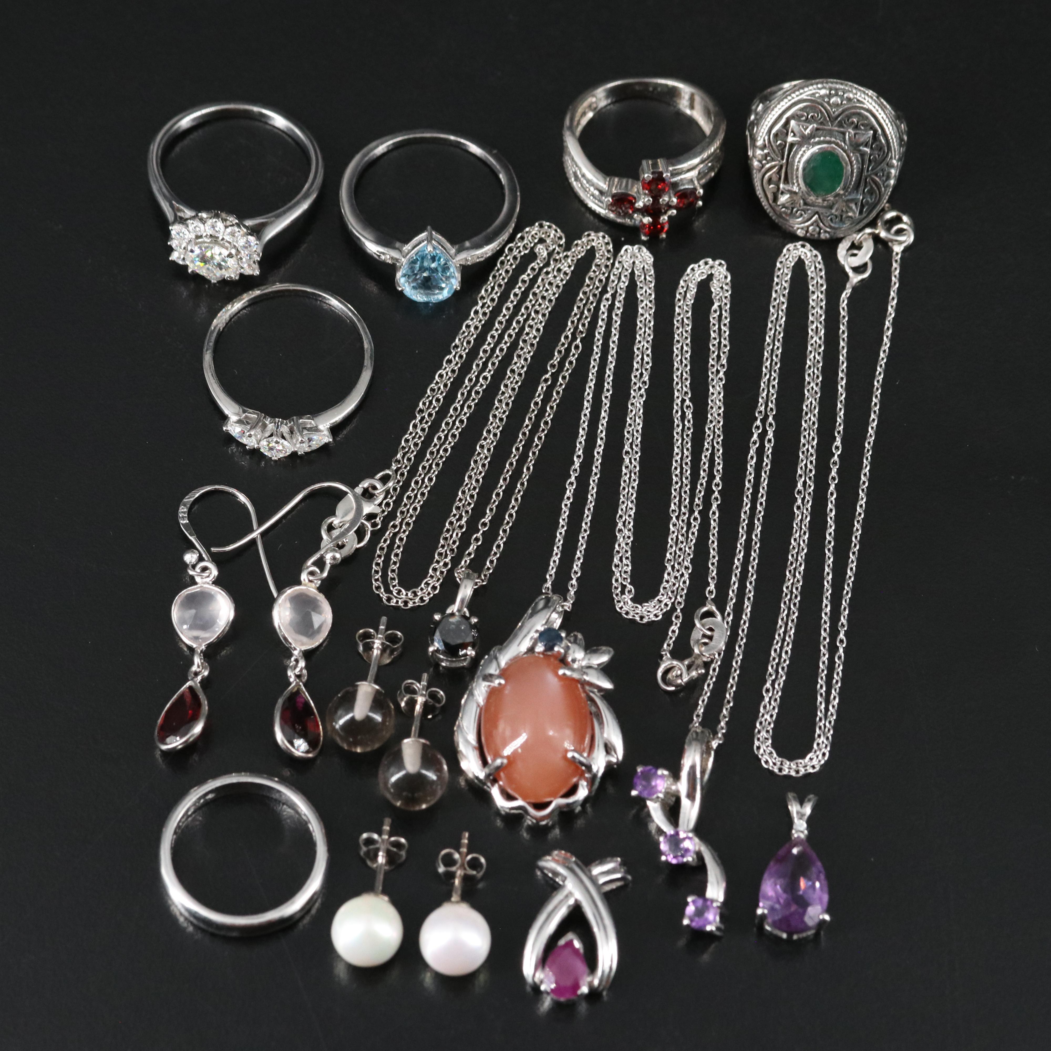 14 Assorted Sterling Silver Rings, Necklaces, Earrings, and Pendants