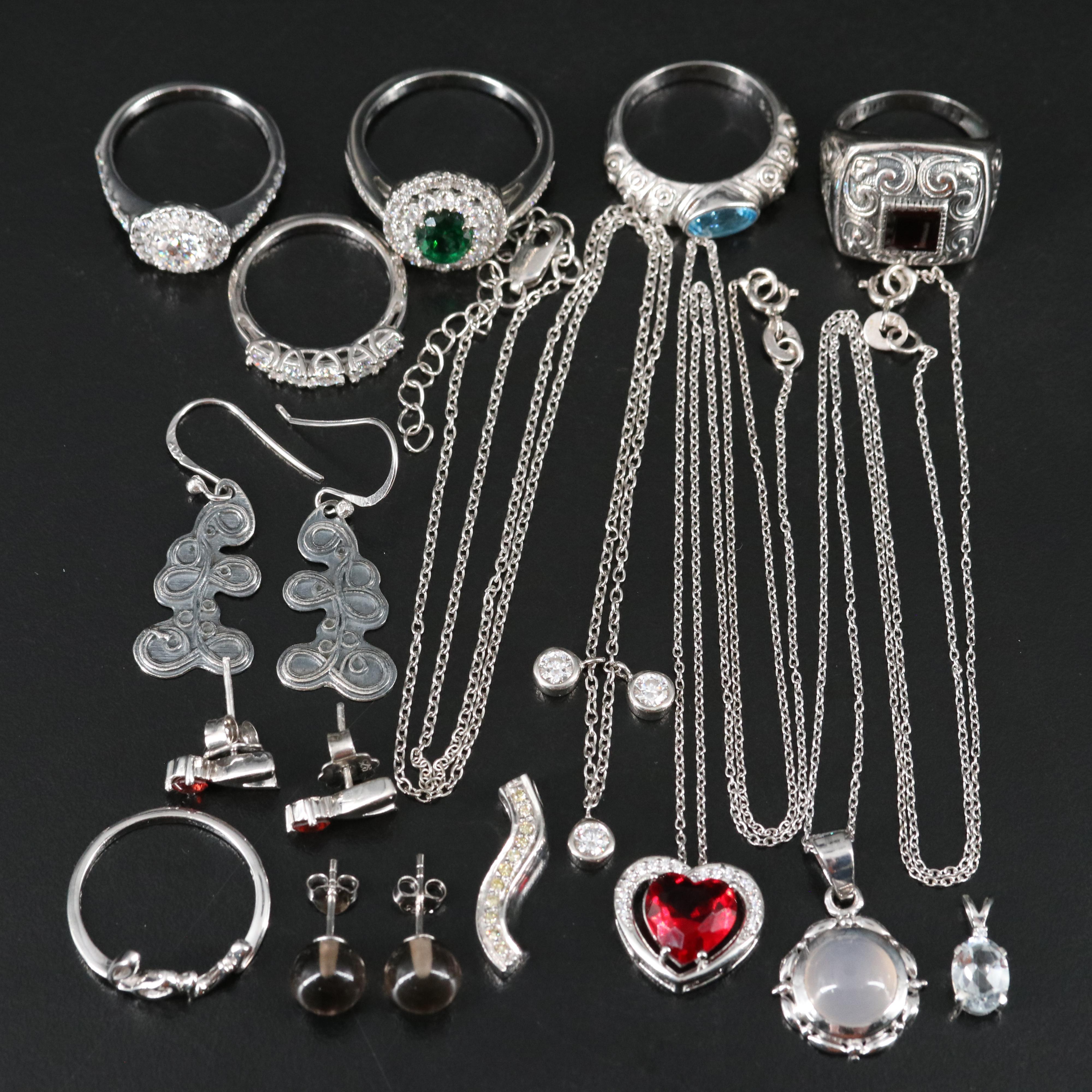 14 Assorted Sterling Silver Rings, Necklaces, Earrings, and Pendants
