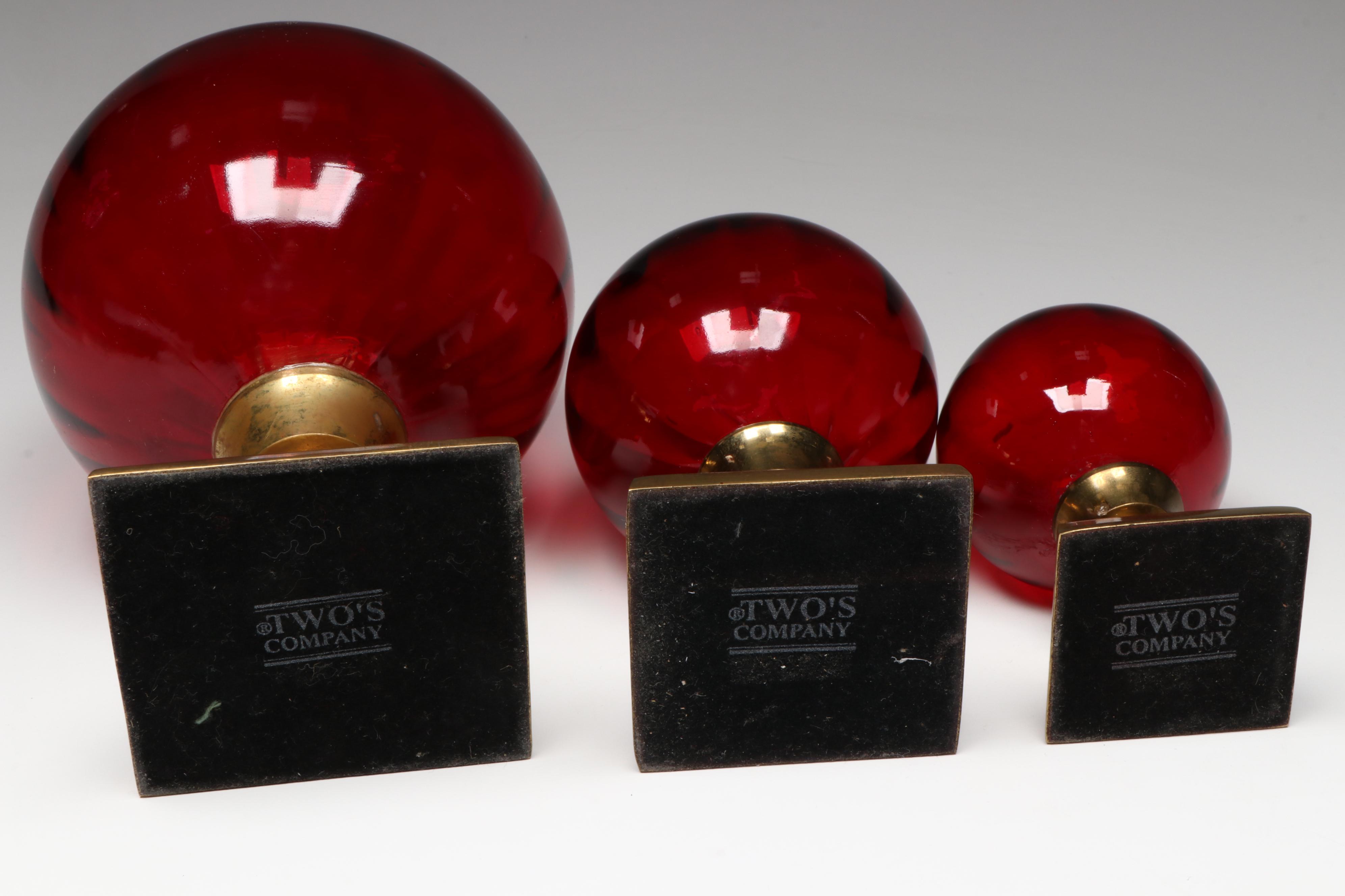 Two's Company Optic Red Glass Orbs on Brass Mounts