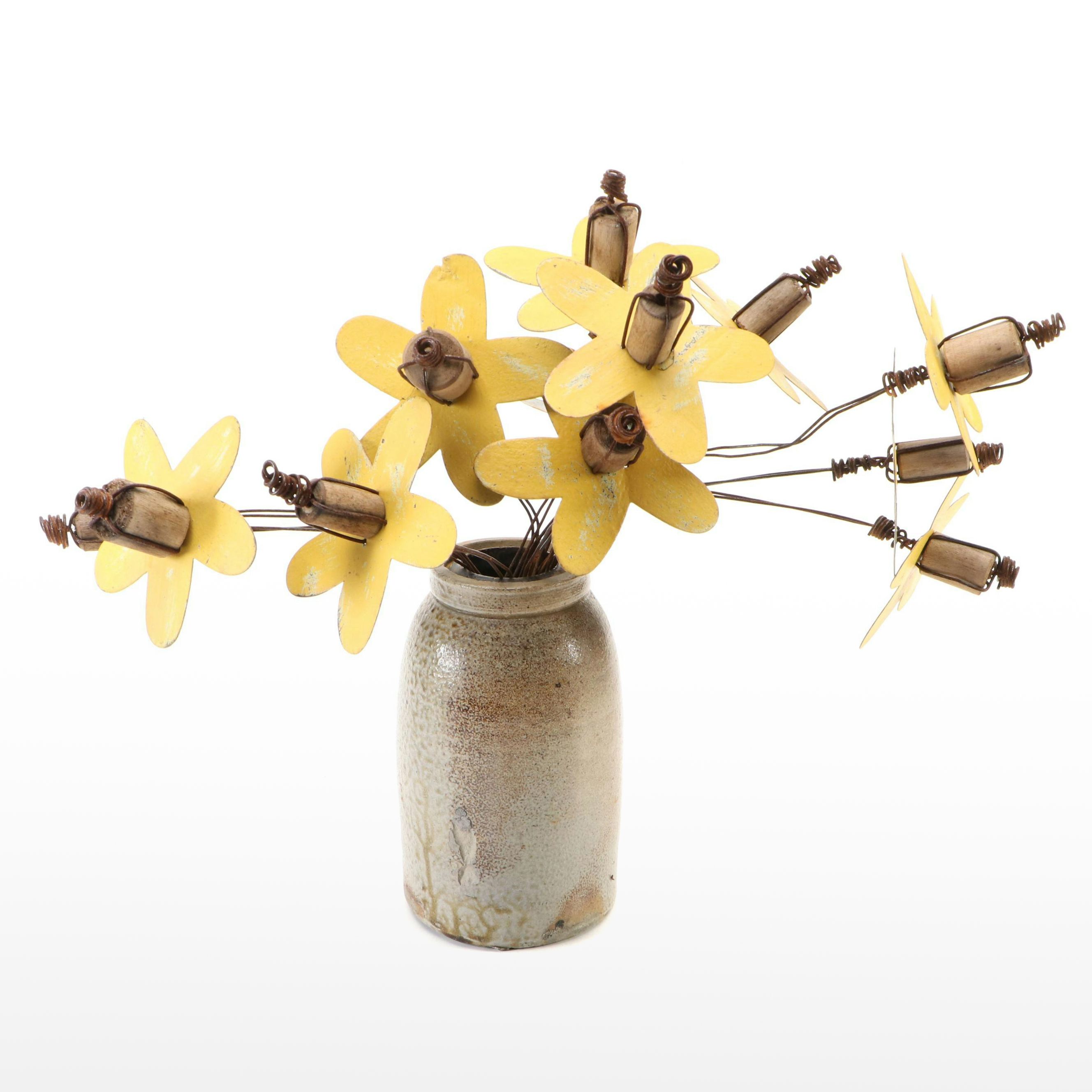Yellow Daisy Painted Metal Bouquet in Stoneware Vase