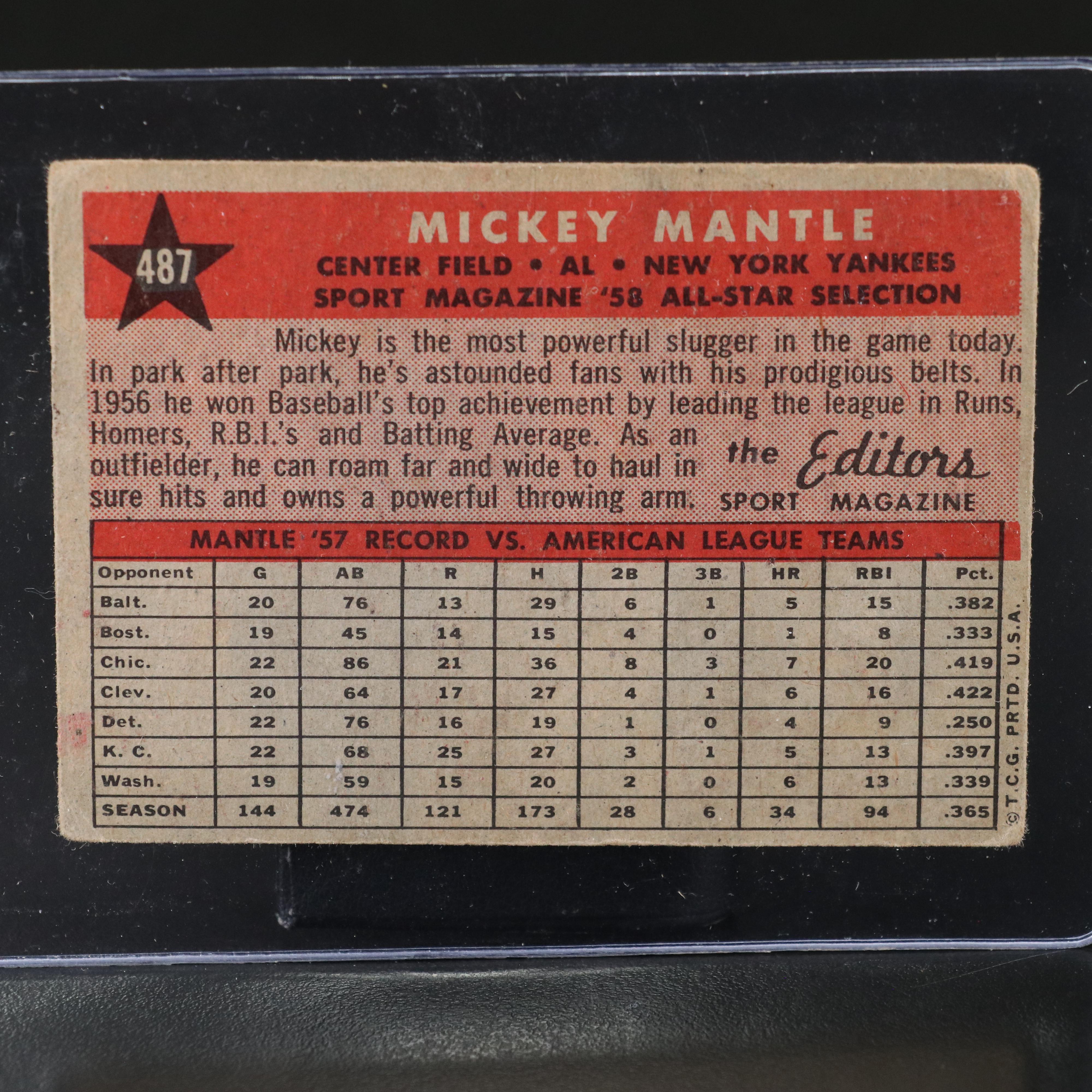 1958 Topps Mickey Mantle New York Yankees All-Star Baseball Card