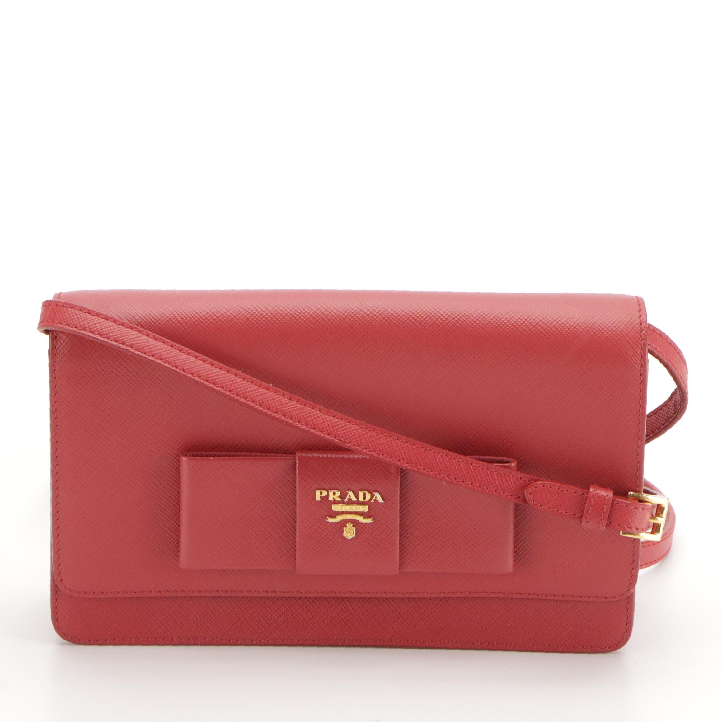 Prada Bow Flap Crossbody Clutch Bag in Rouge Saffiano Leather
