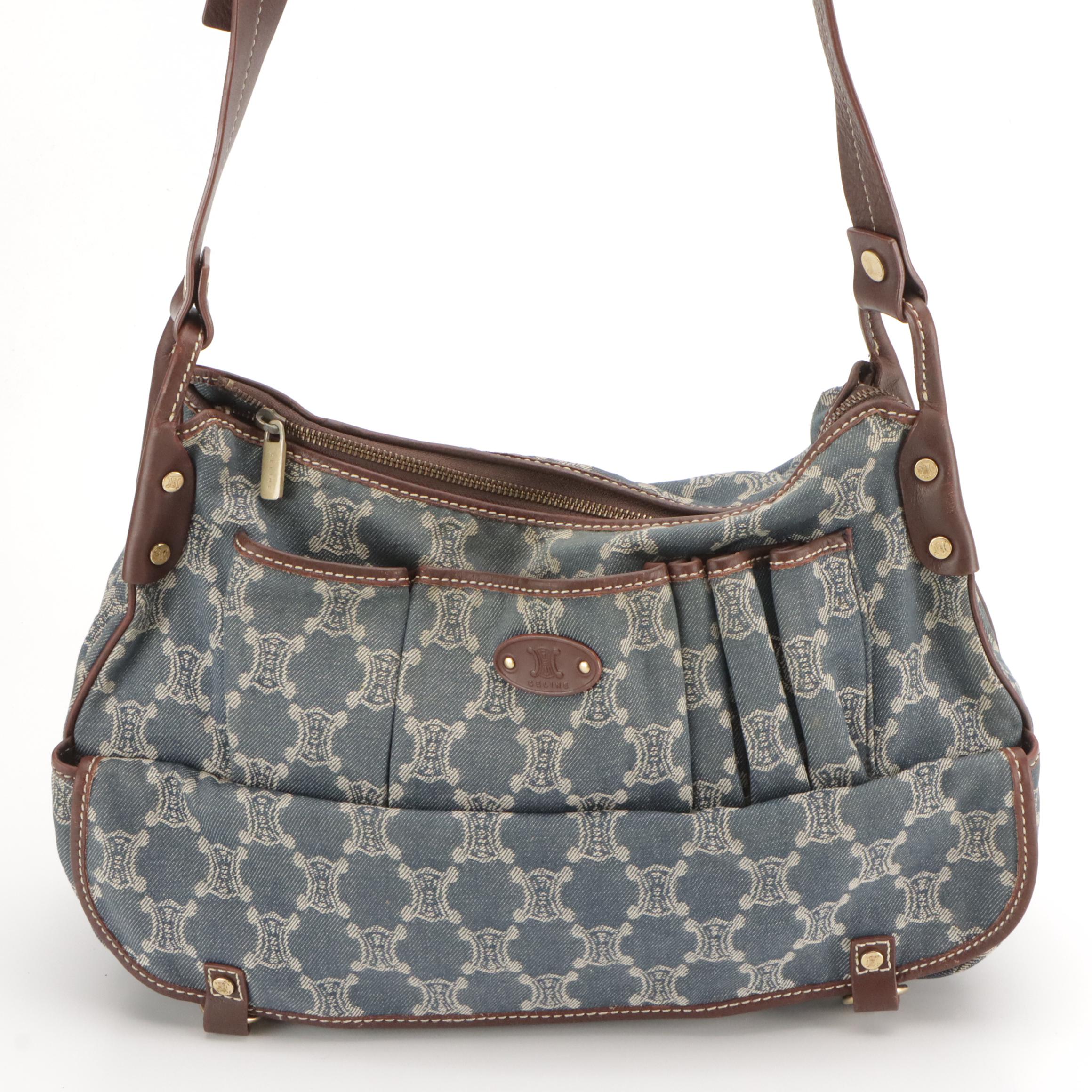 Celine Macadam Denim Messenger Bag with Brown Leather Trim