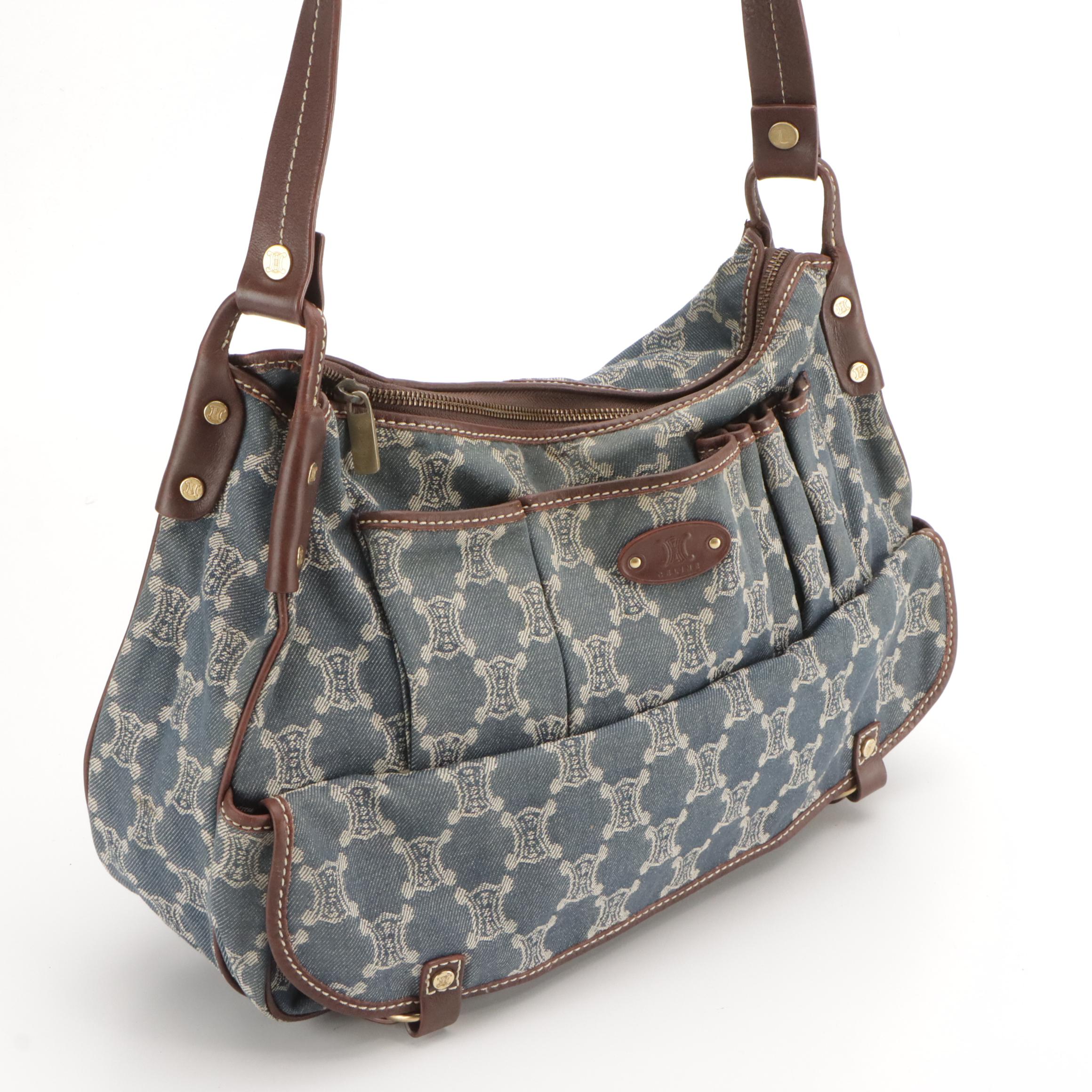 Celine Macadam Denim Messenger Bag with Brown Leather Trim