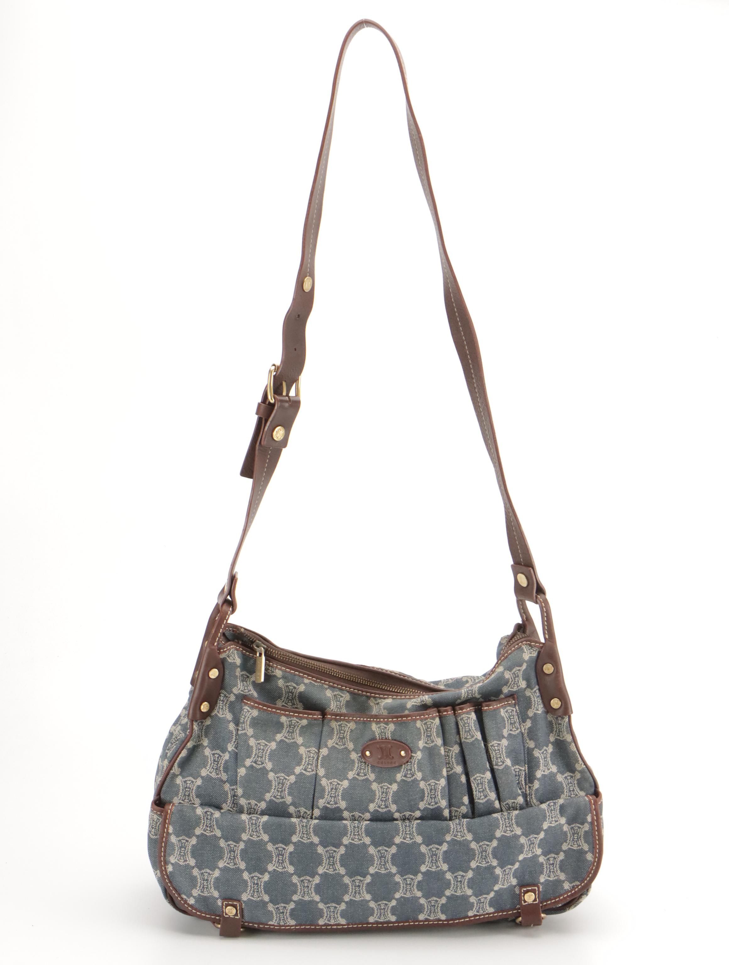 Celine Macadam Denim Messenger Bag with Brown Leather Trim