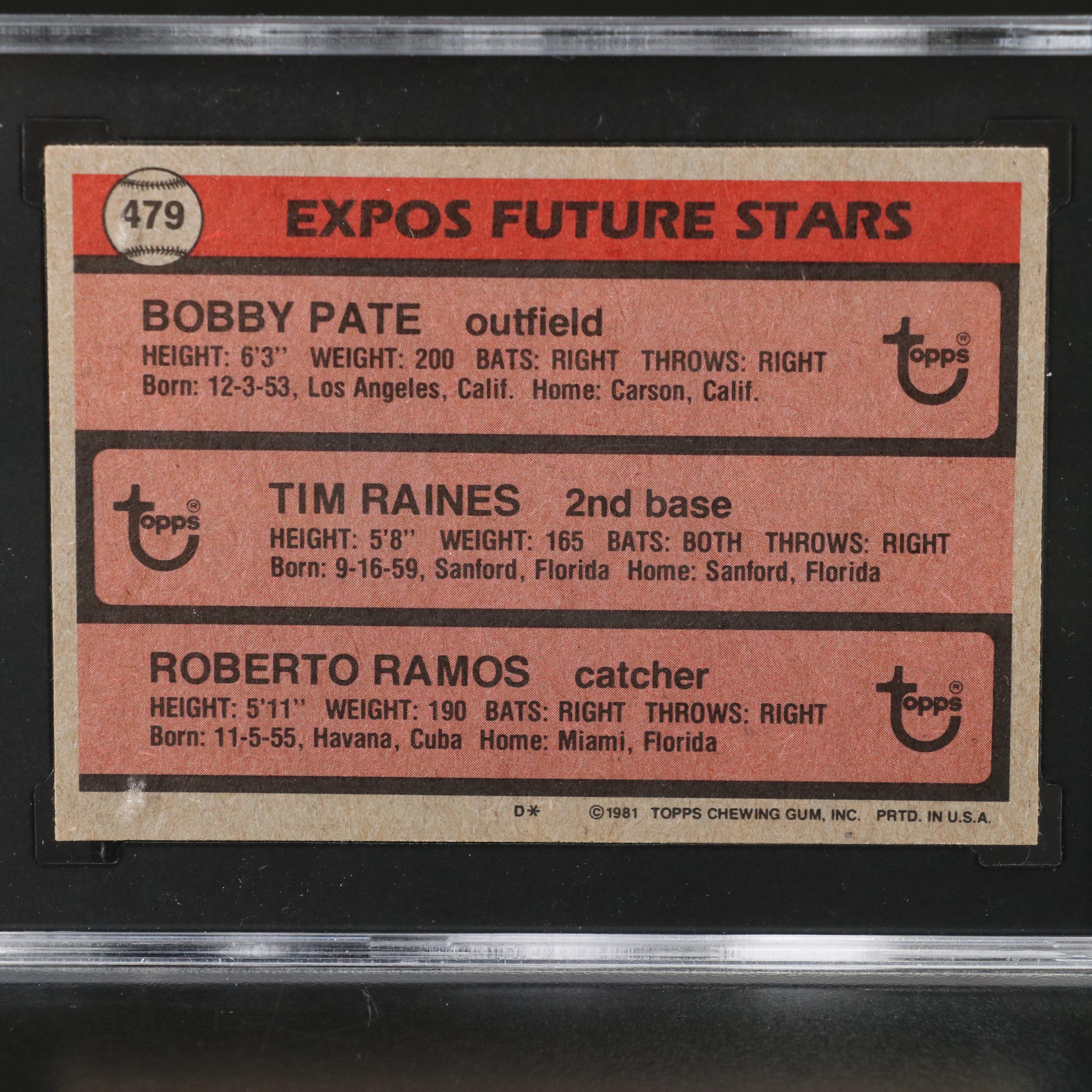 1981 Topps Tim Raines Montreal Expos Rookie Baseball Card Graded SGC 8