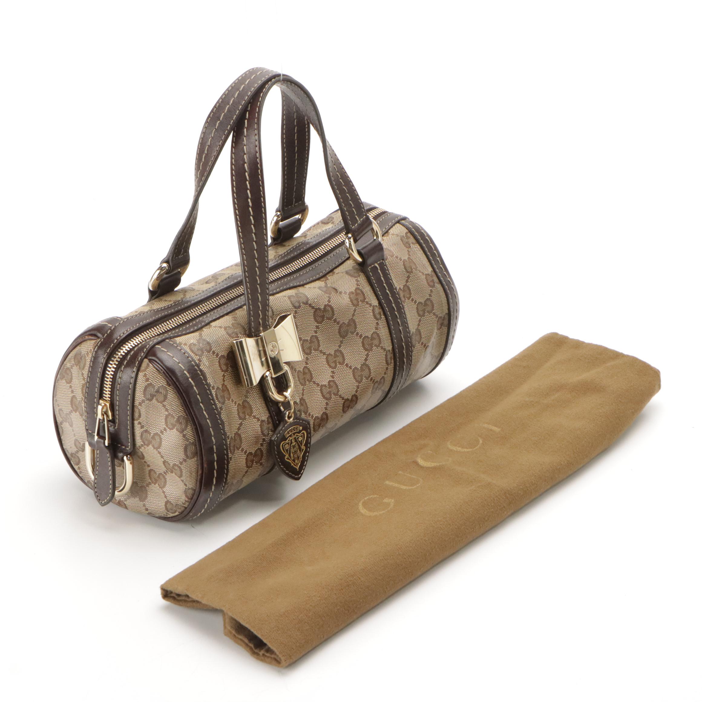 Gucci GG Crystal Canvas Barrel Bag with Brown Leather Trim