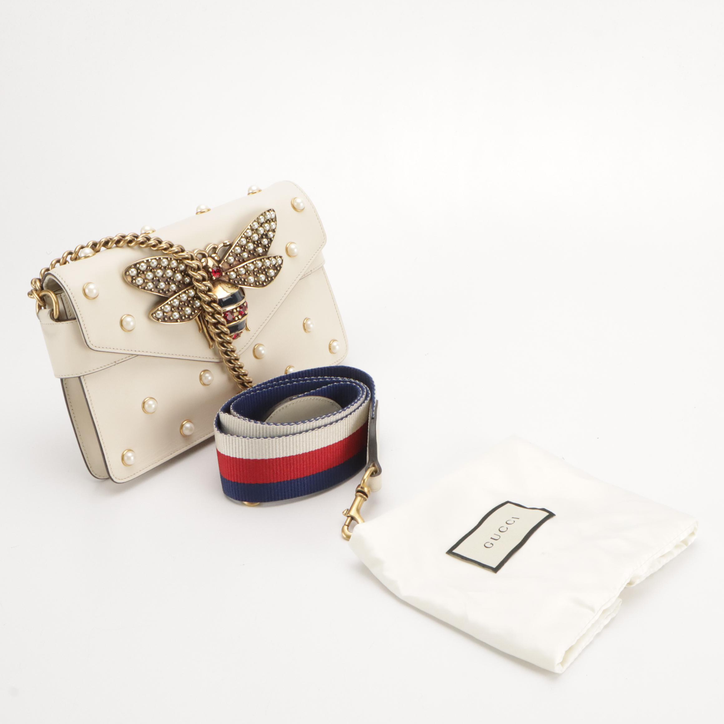 Gucci Mini Broadway Bee Shoulder Bag in Pearl Studded Calfskin Leather