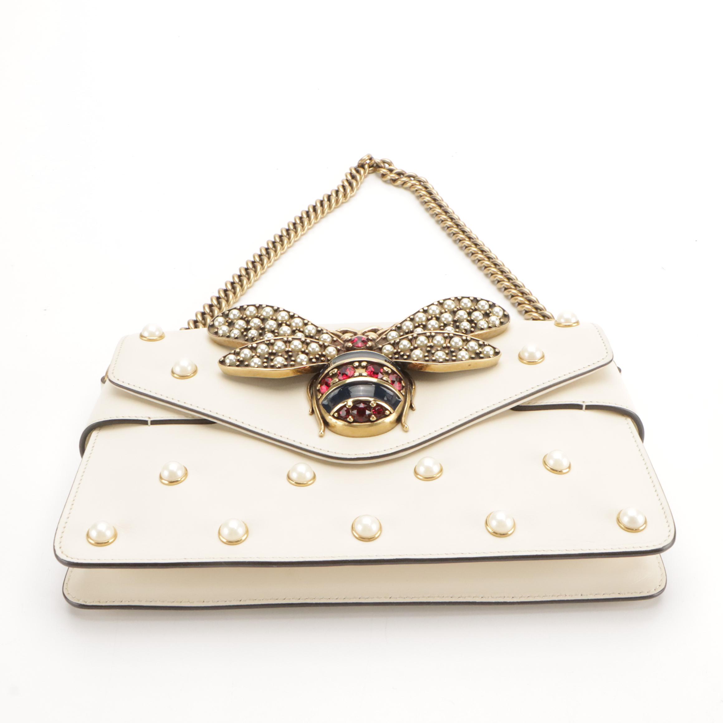 Gucci Mini Broadway Bee Shoulder Bag in Pearl Studded Calfskin Leather