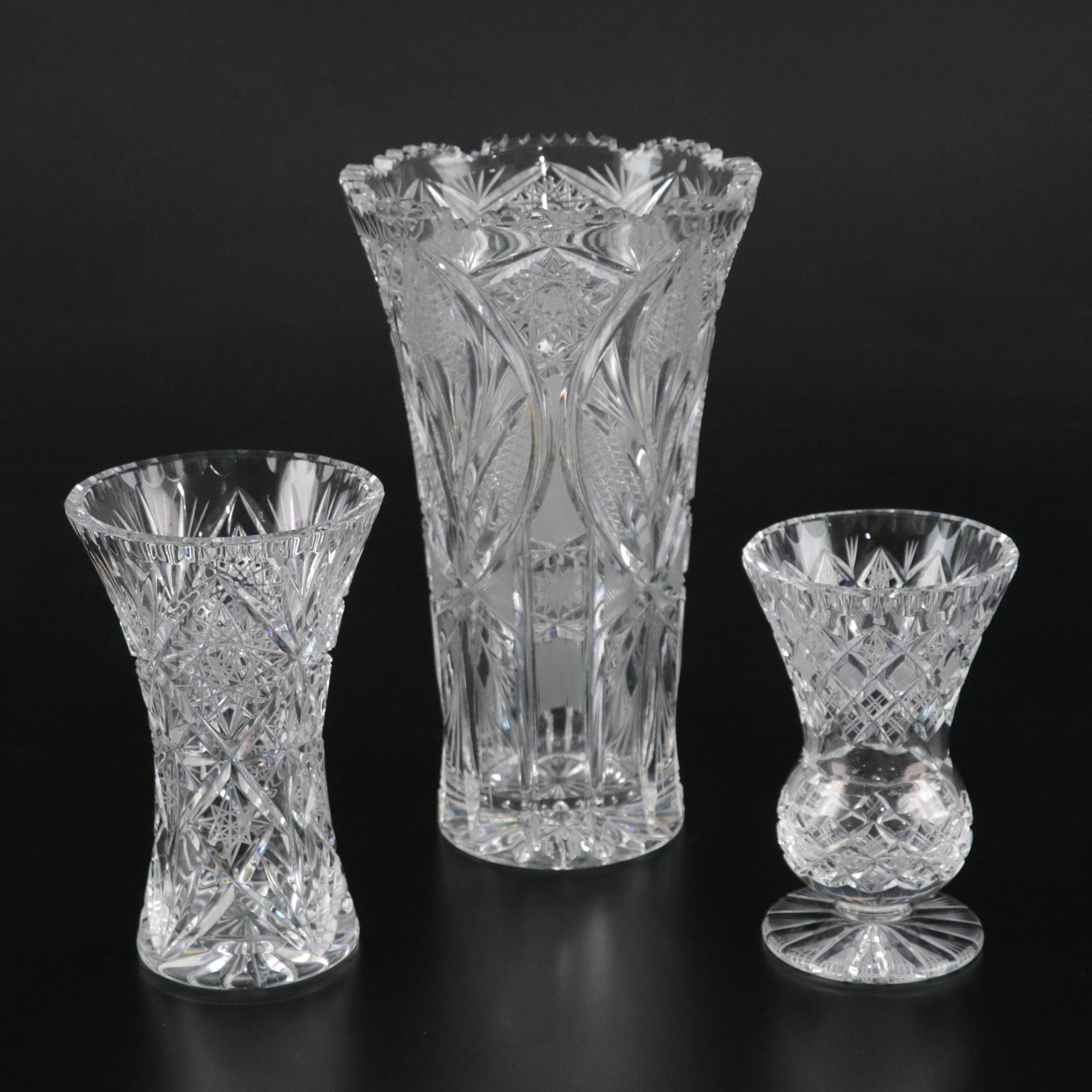 Three Lead Crystal Vases Featuring Hobstars and Cross-Hatch Motifs