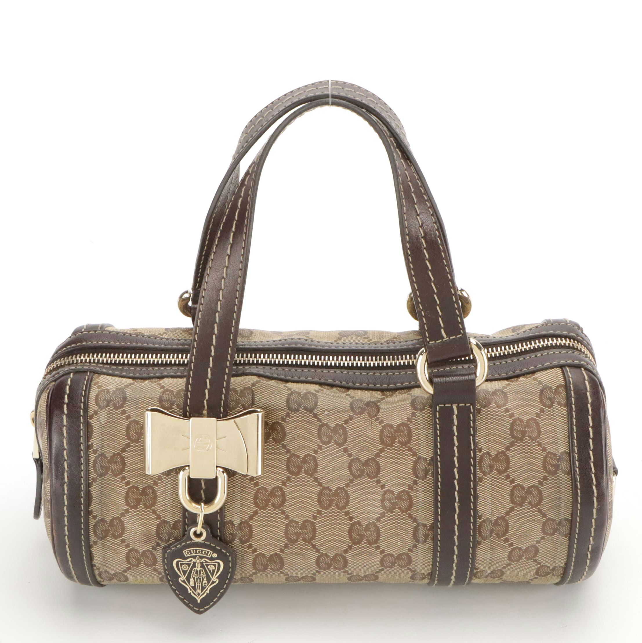 Gucci GG Crystal Canvas Barrel Bag with Brown Leather Trim