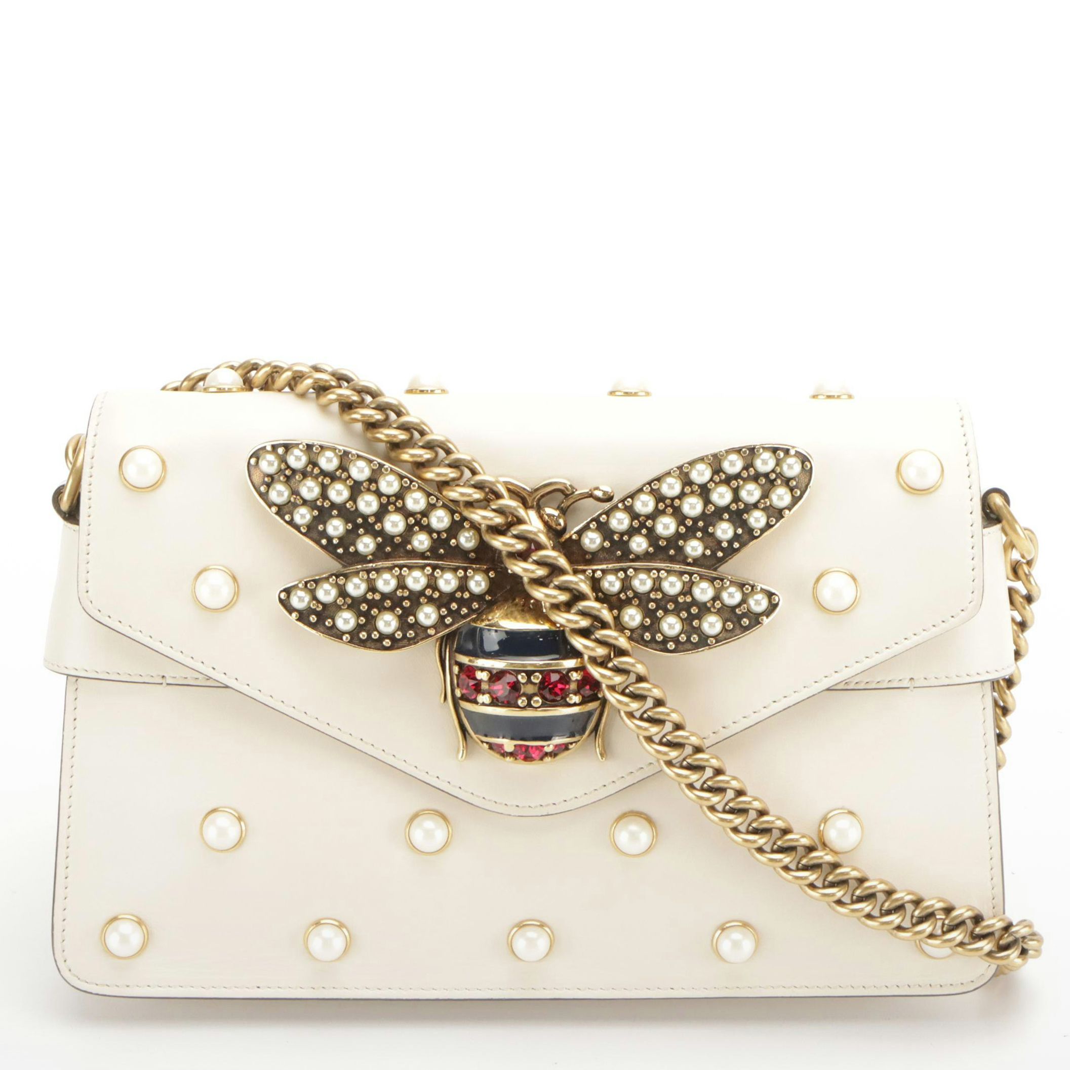 Gucci Mini Broadway Bee Shoulder Bag in Pearl Studded Calfskin Leather