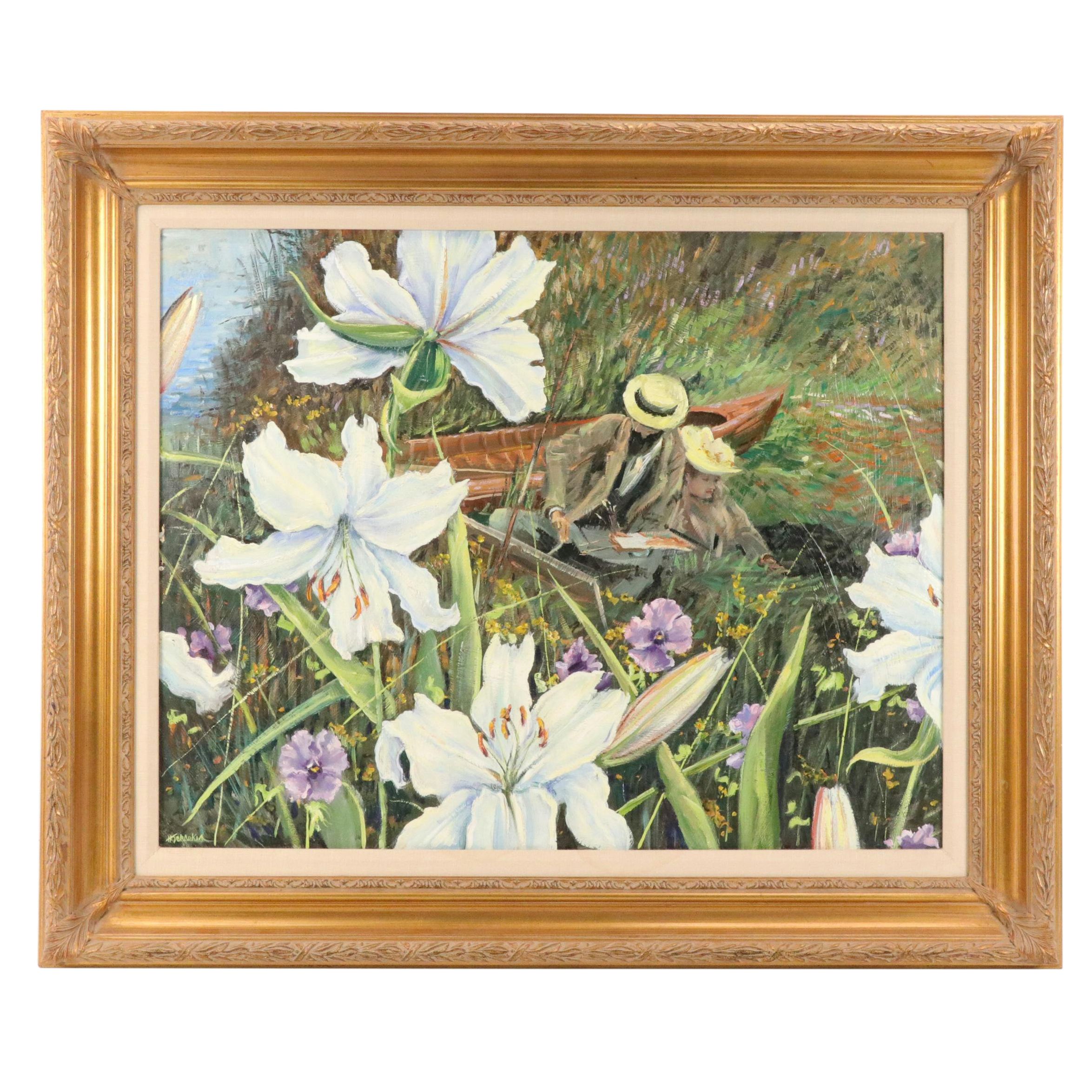 Impressionist-Inspired Oil Painting of Couple Amidst Lilies, 21st Century