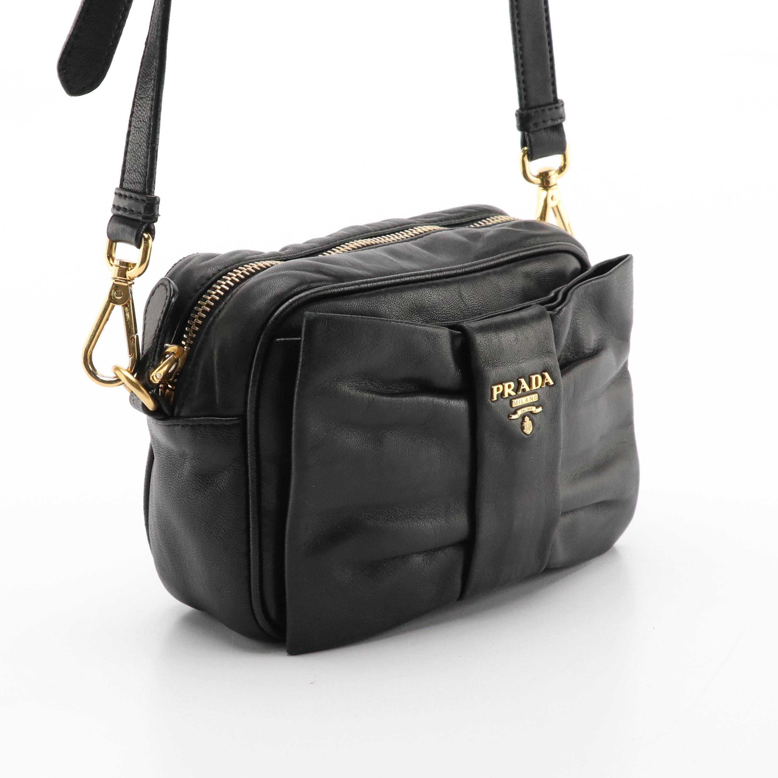Prada Zippered Crossbody Bow Bag in Black Lambskin Leather