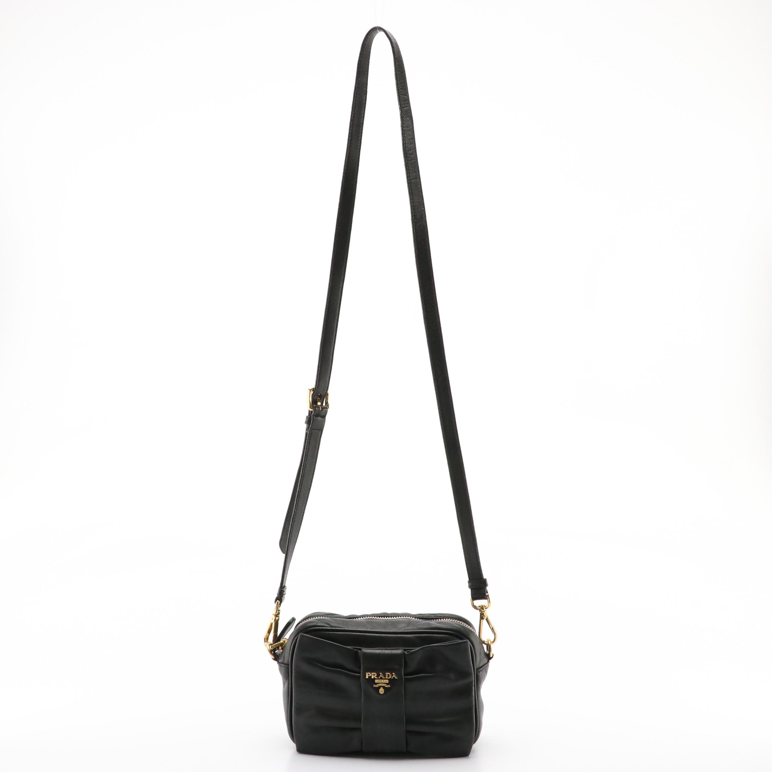 Prada Zippered Crossbody Bow Bag in Black Lambskin Leather