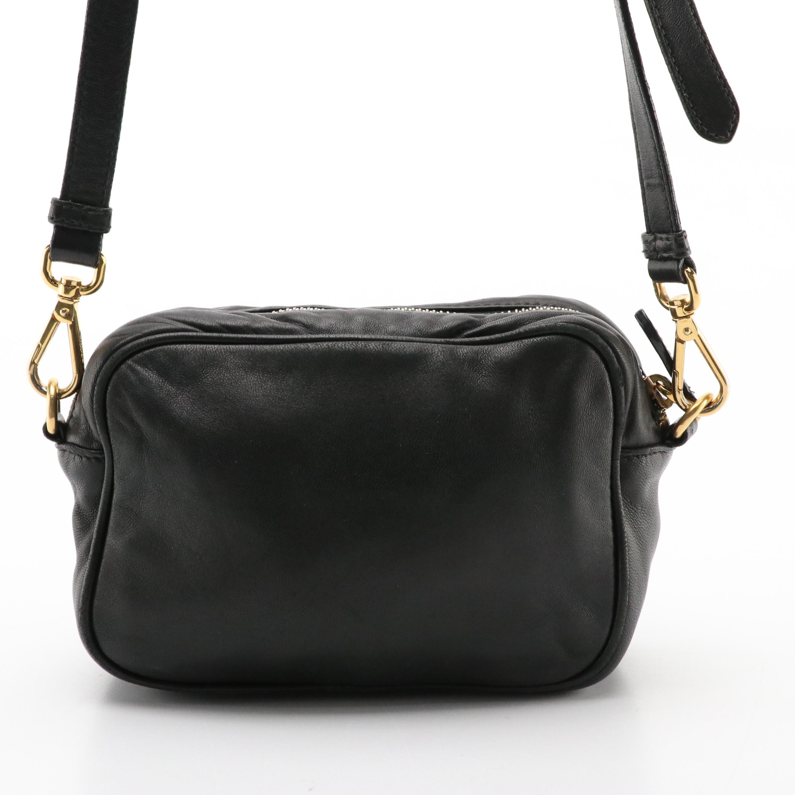 Prada Zippered Crossbody Bow Bag in Black Lambskin Leather
